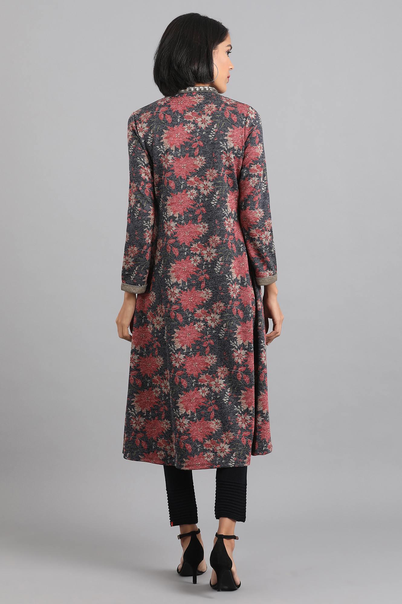 Navy Blue &amp; Red Mandarin Neck Winter kurta - wforwoman