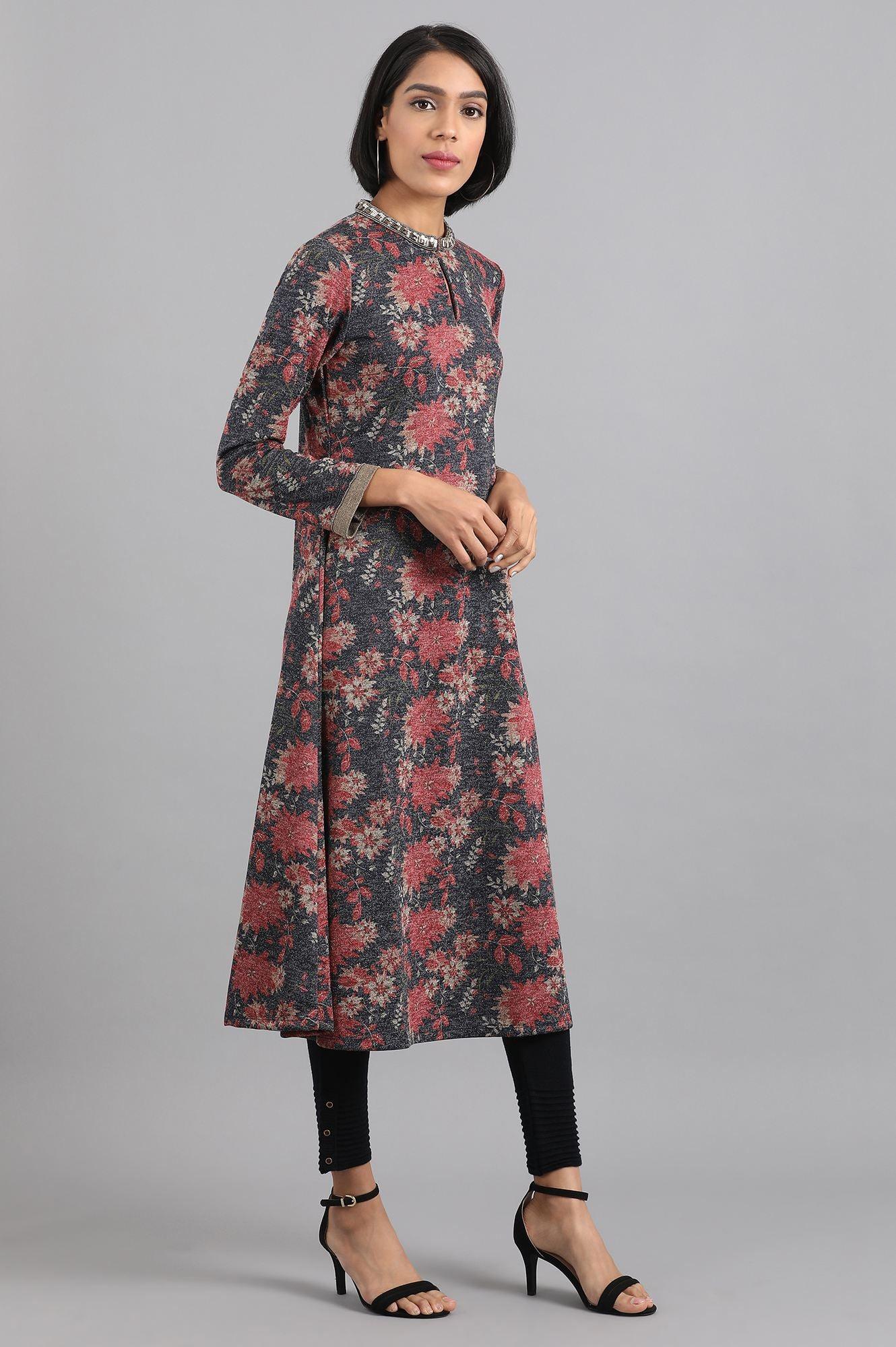 Navy Blue &amp; Red Mandarin Neck Winter kurta - wforwoman