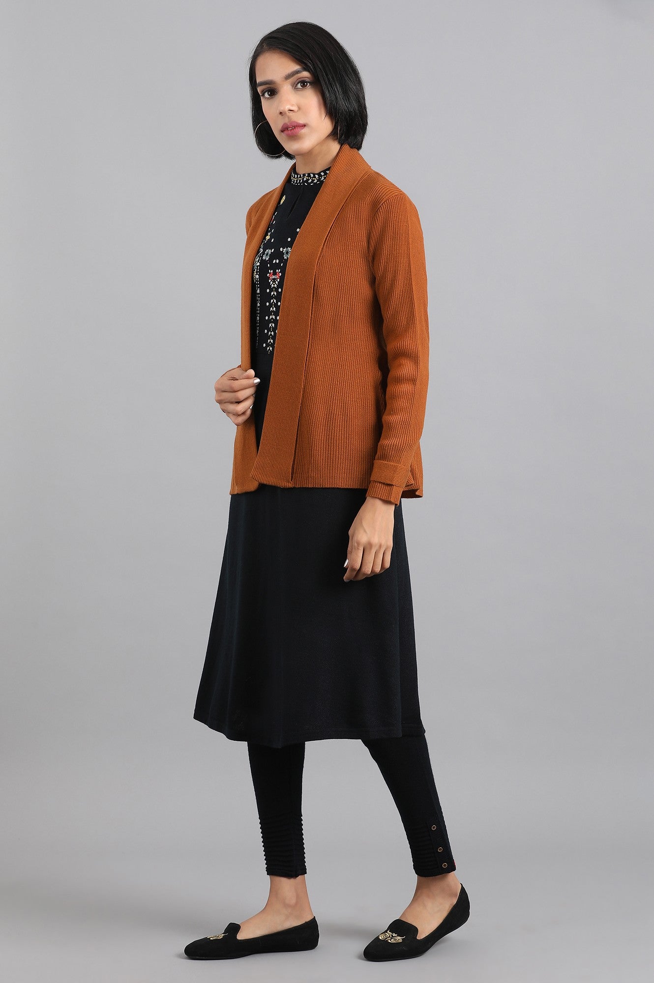 Brown Front Open Basic Cardigan