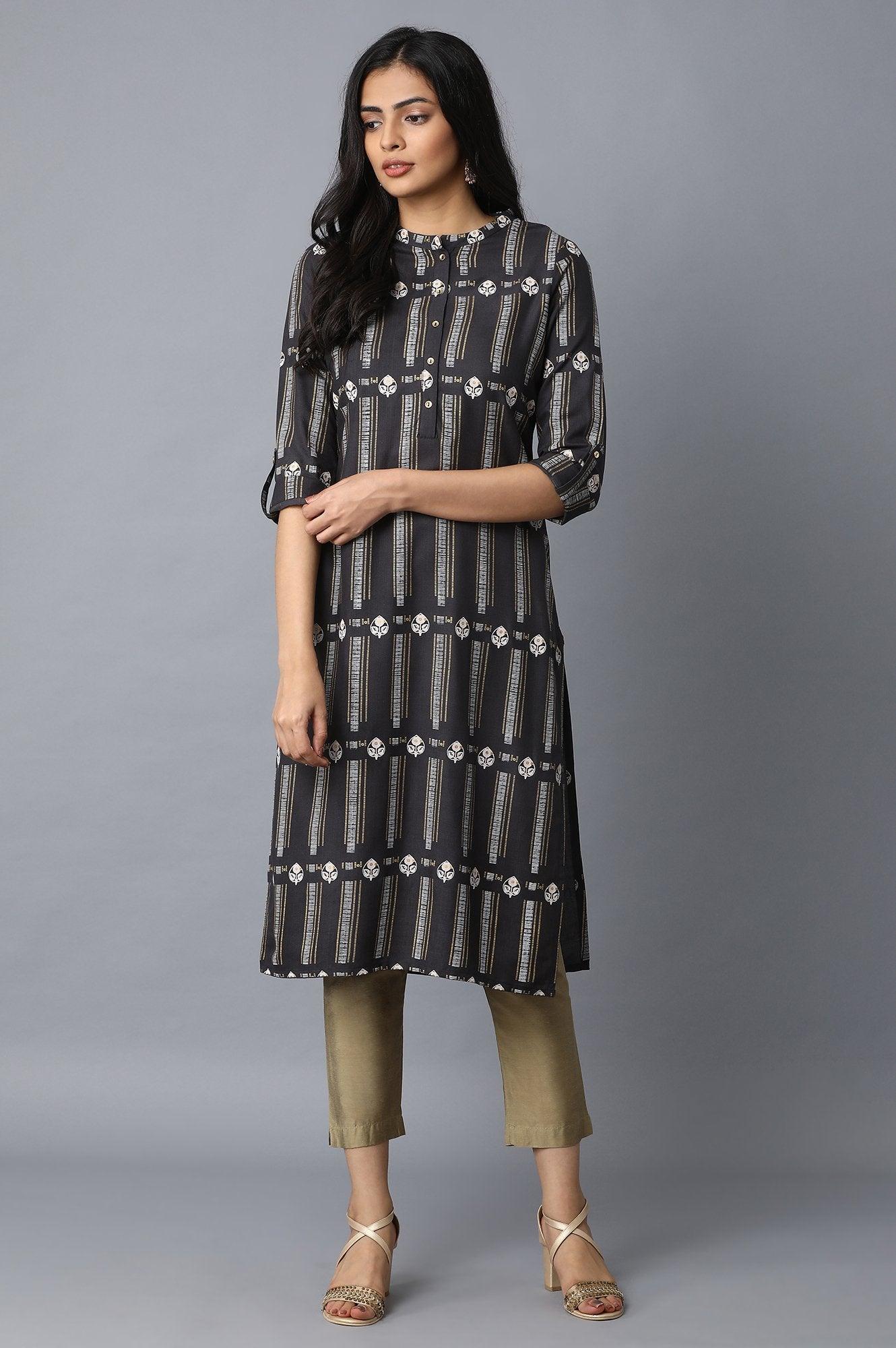 Grey Printed Straight kurta - wforwoman