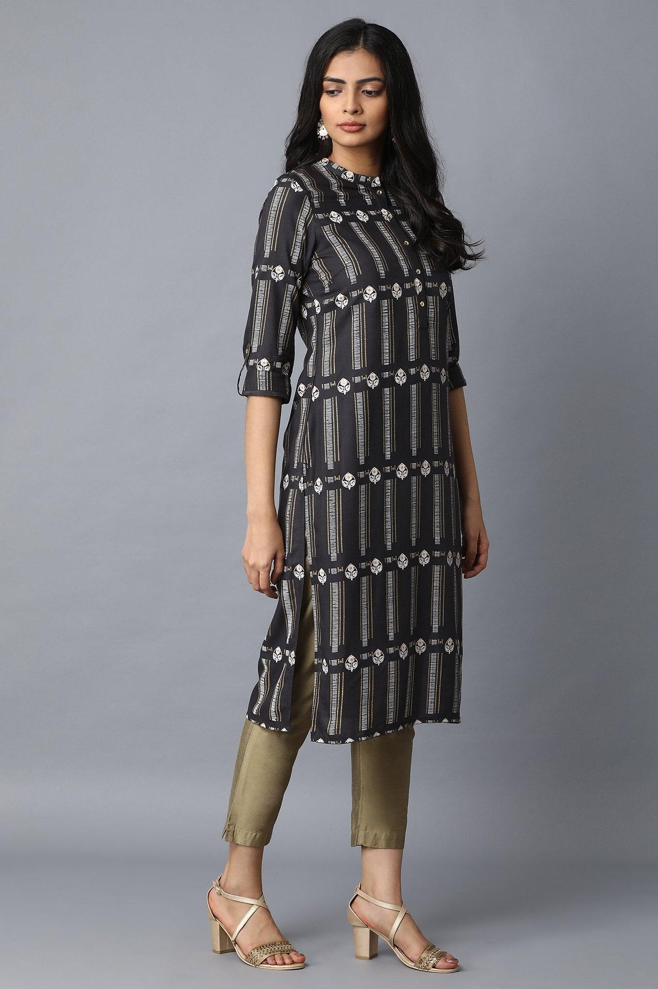 Grey Printed Straight kurta - wforwoman