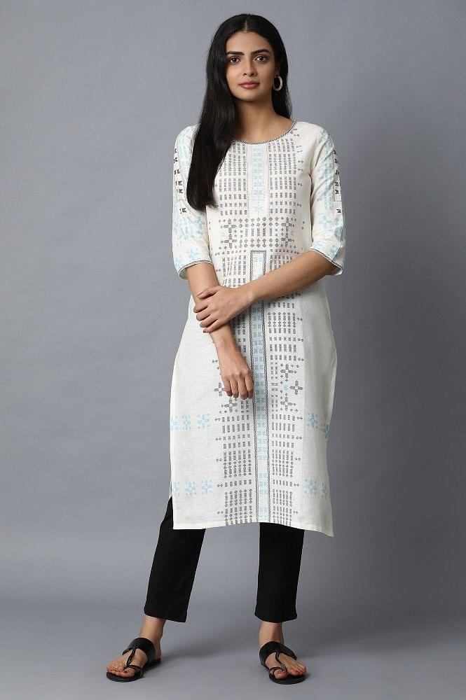 White Printed Straight kurta - wforwoman