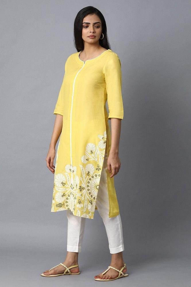 Yellow Printed Straight kurta - wforwoman