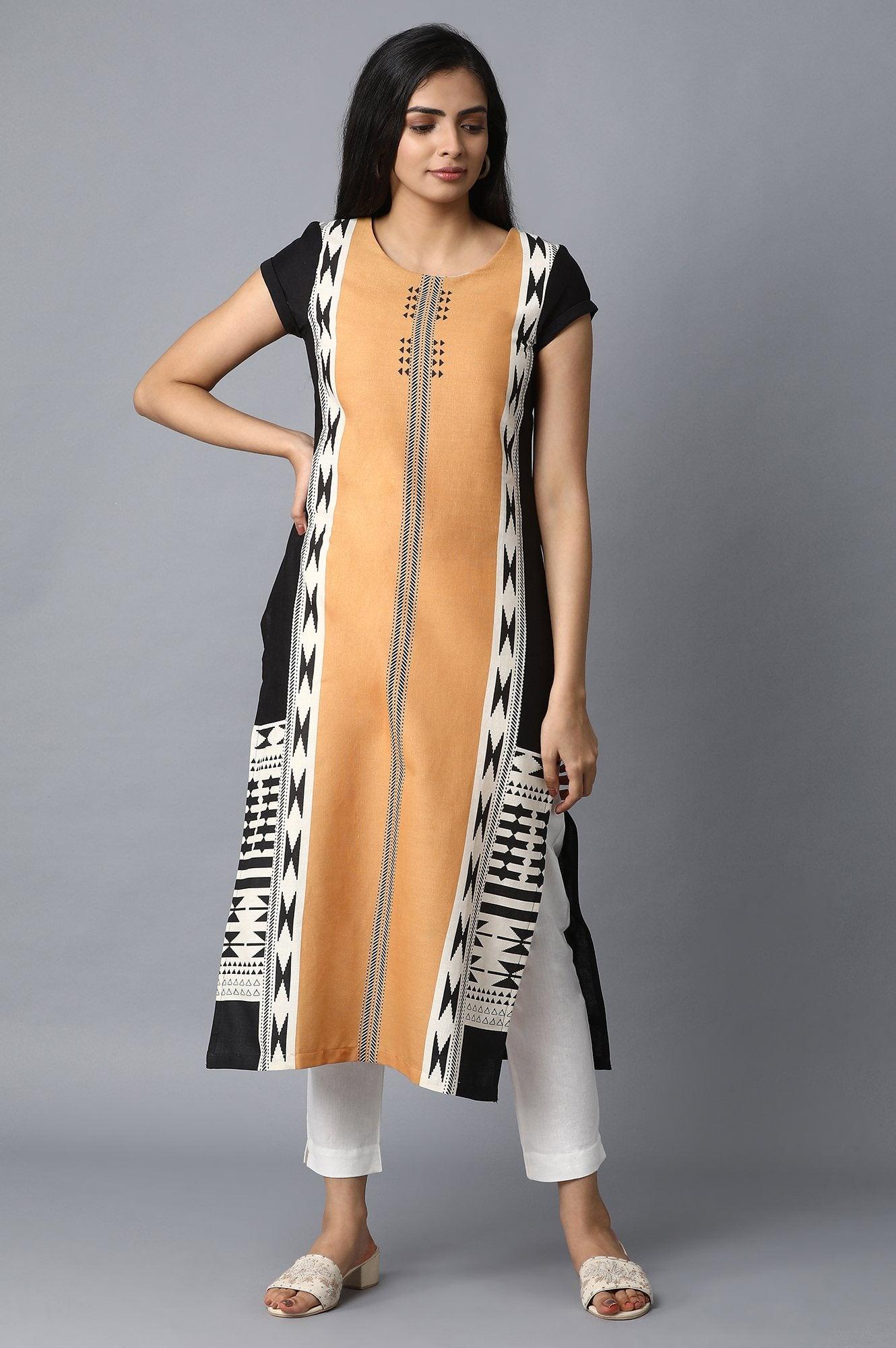 Orange and Black Placement Print kurta - wforwoman