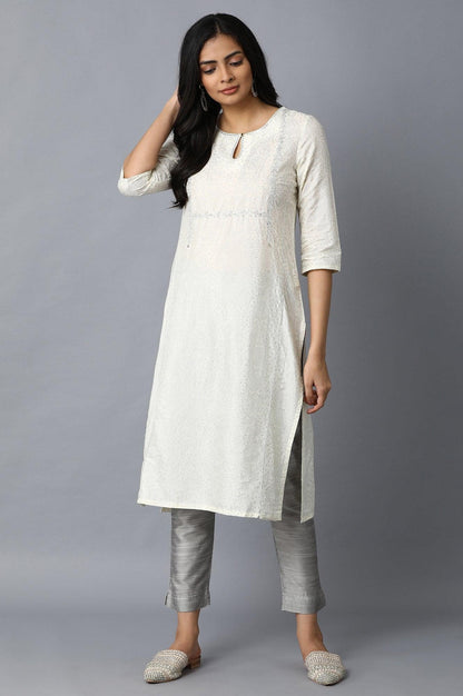 White Glitter Print kurta with Zari Embroidery - wforwoman