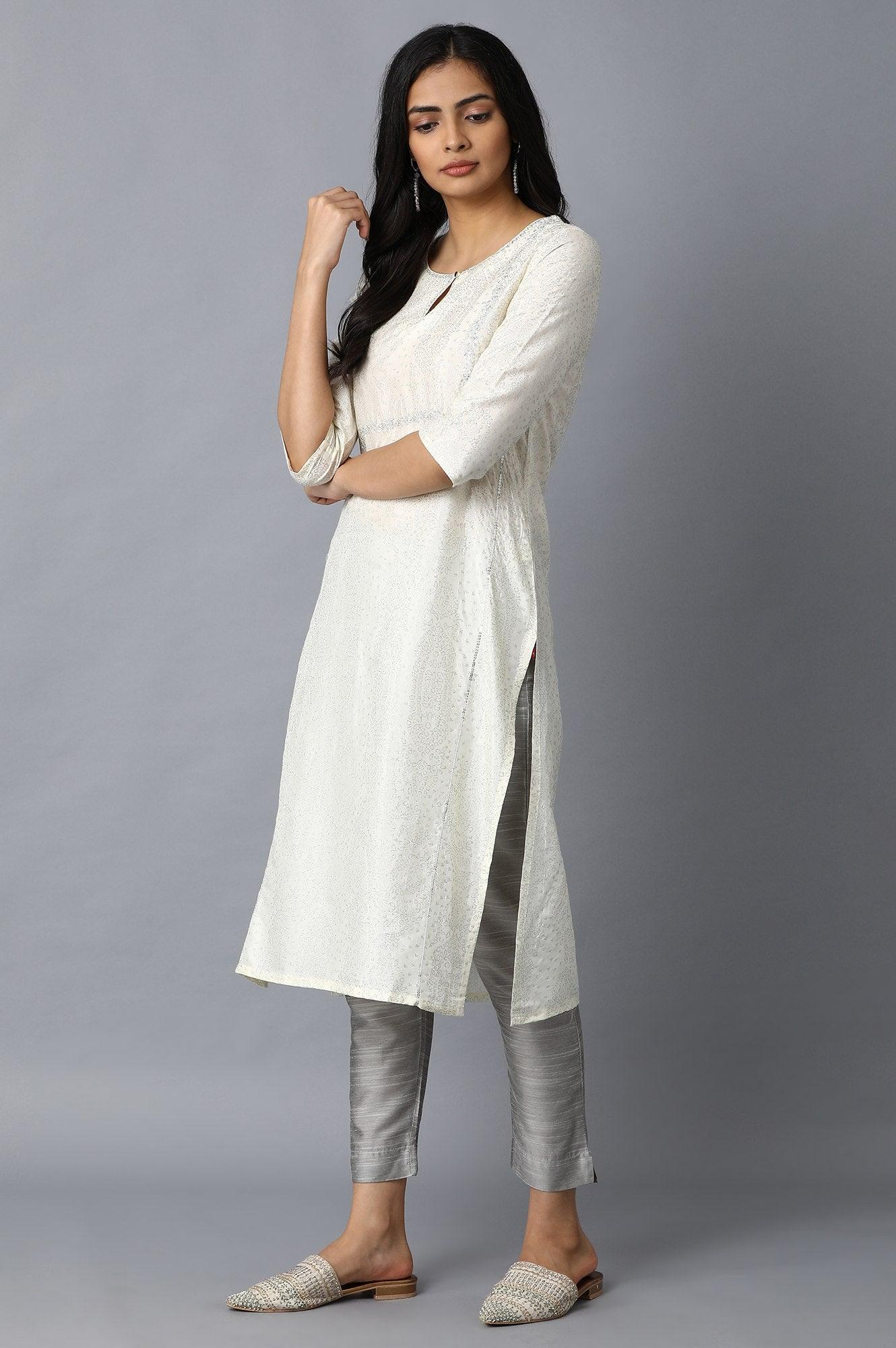 White Glitter Print kurta with Zari Embroidery - wforwoman