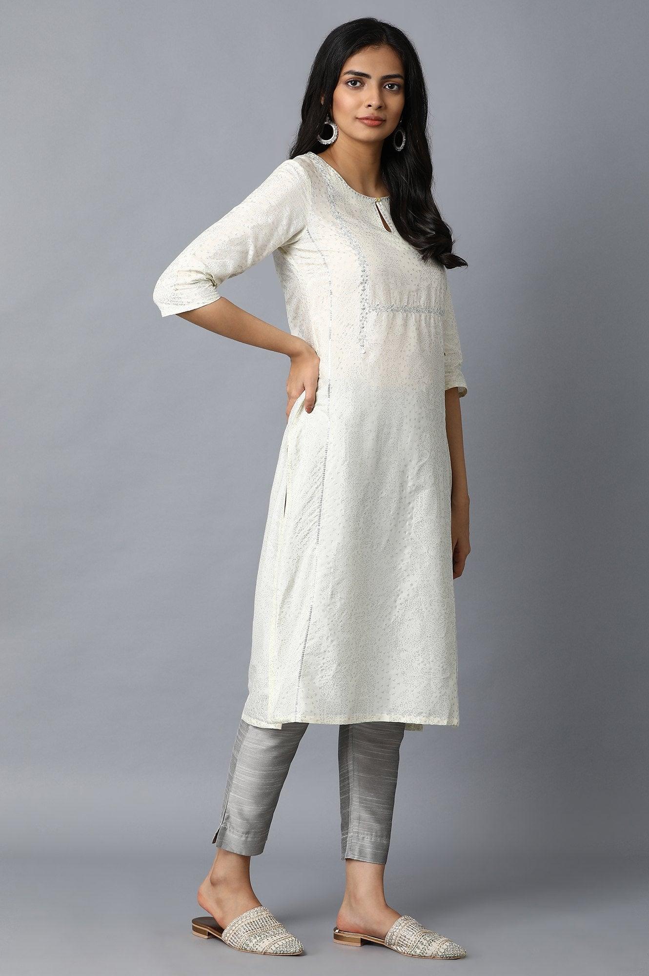 White Glitter Print kurta with Zari Embroidery - wforwoman