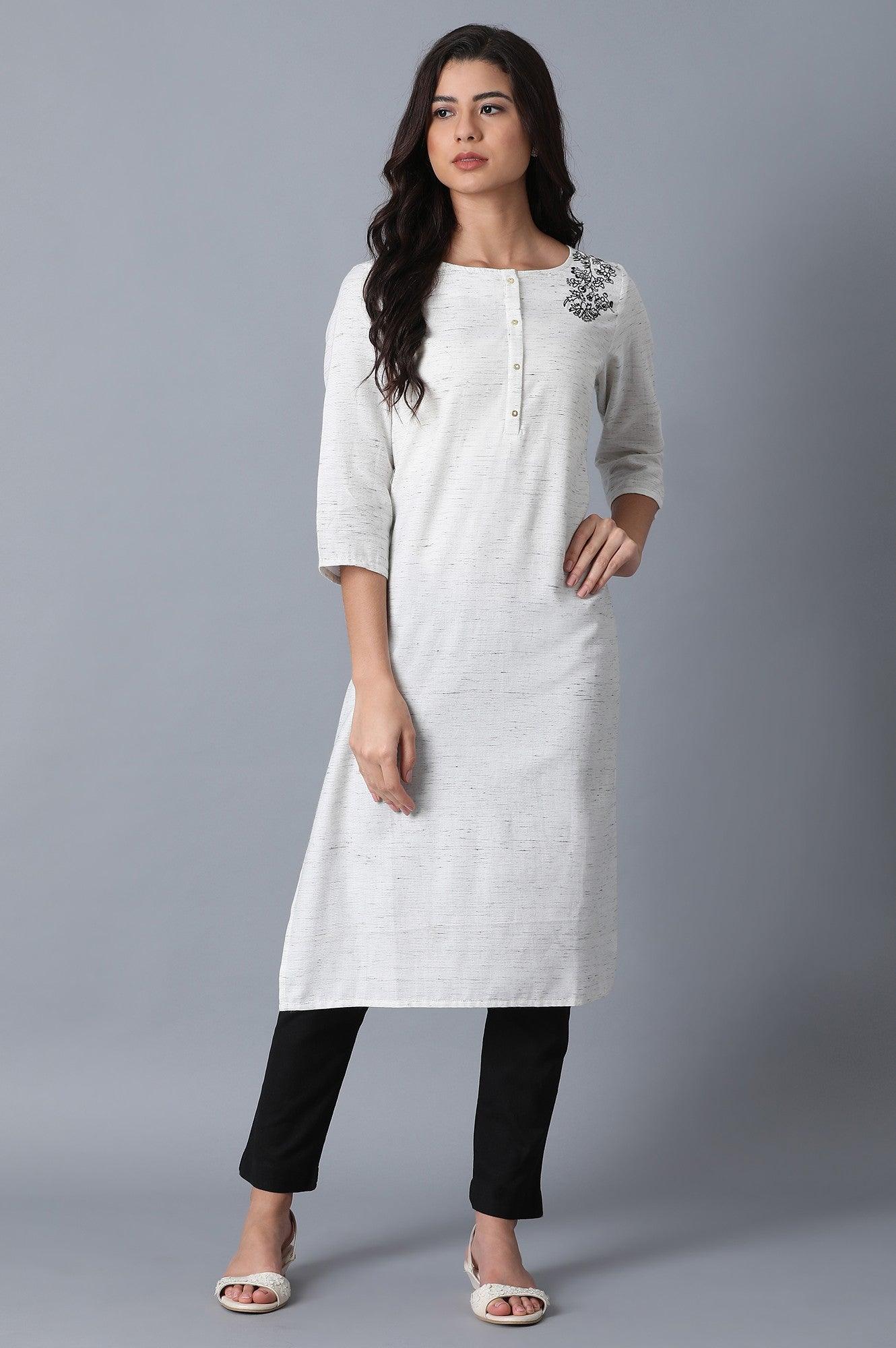 Ecru Textured Yard-Dyed kurta - wforwoman