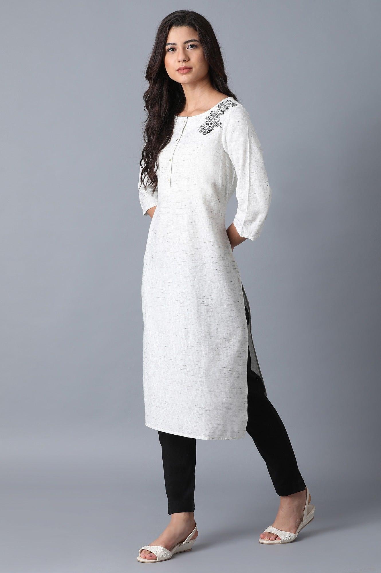 Ecru Textured Yard-Dyed kurta - wforwoman