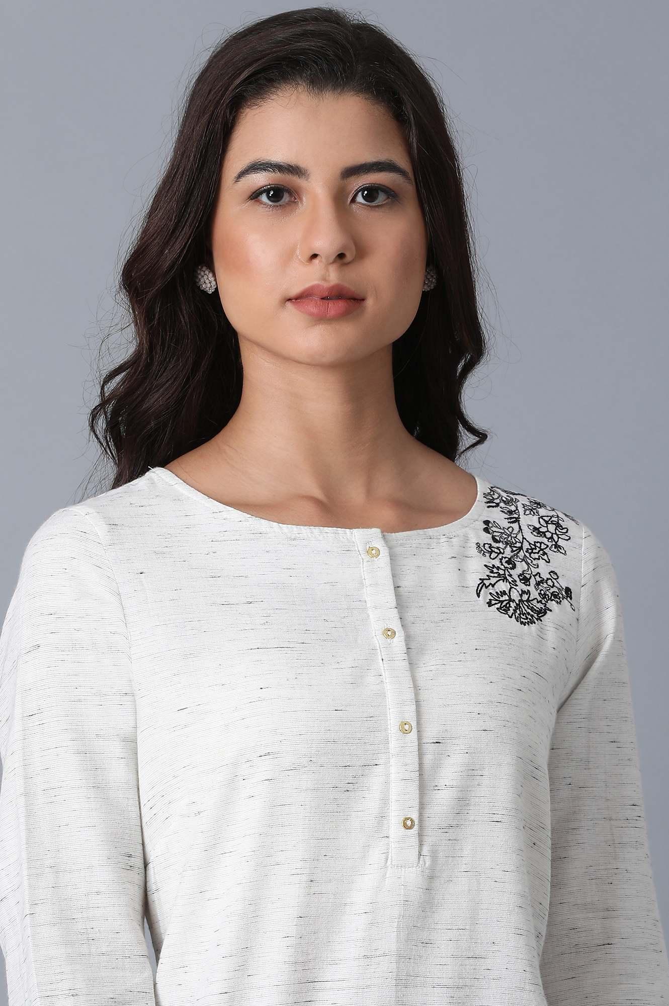 Ecru Textured Yard-Dyed kurta - wforwoman