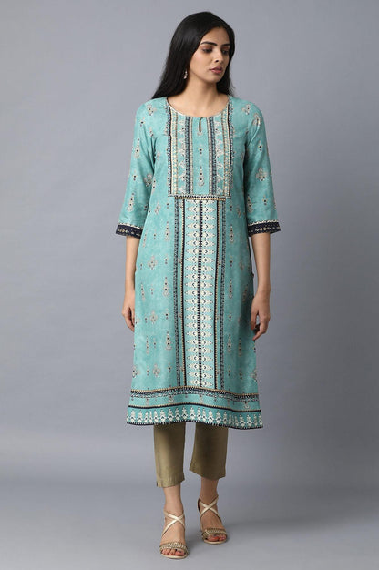 Light Green Placement Print kurta - wforwoman