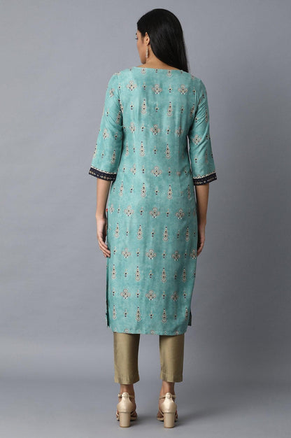 Light Green Placement Print kurta - wforwoman