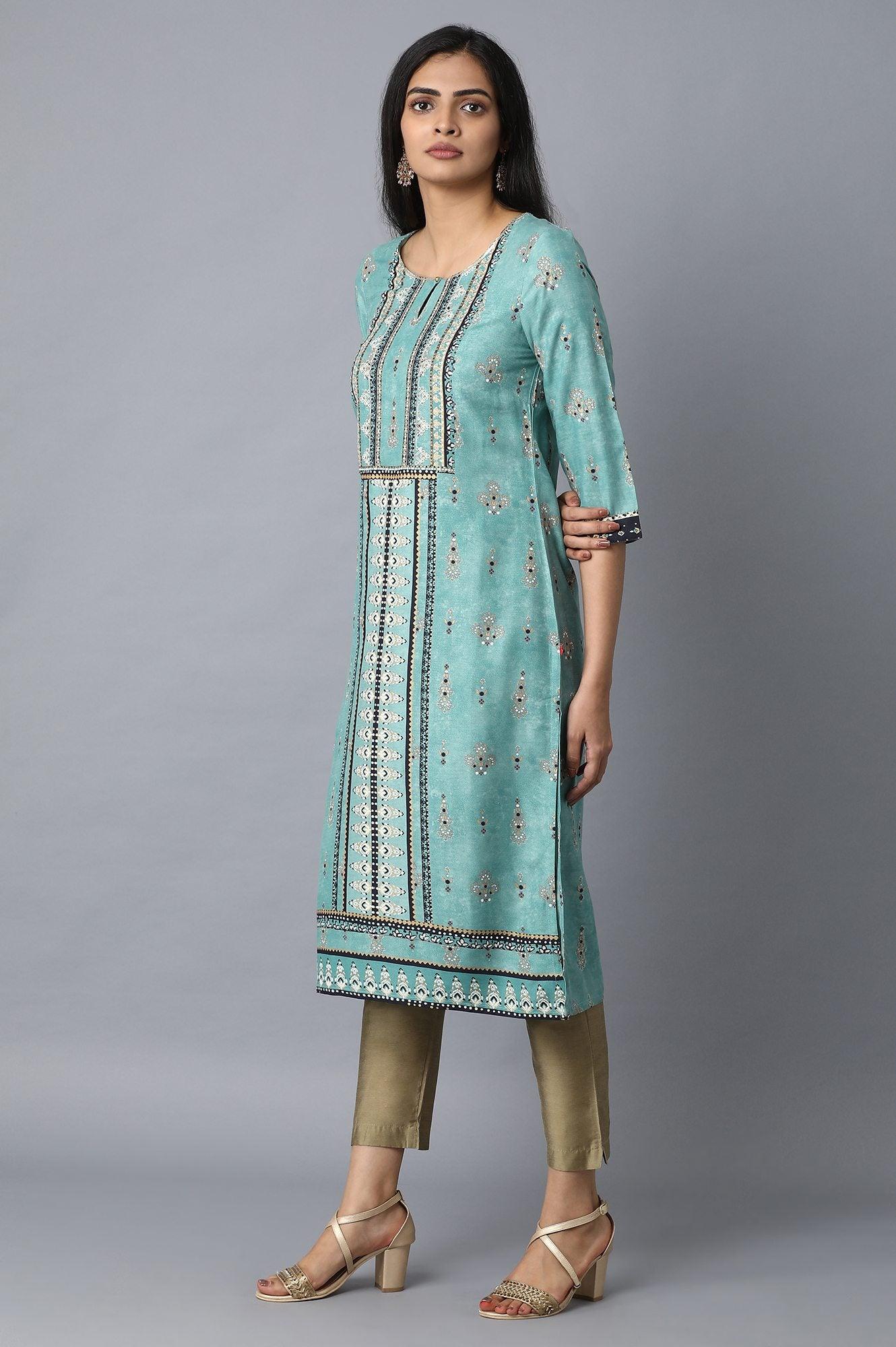 Light Green Placement Print kurta - wforwoman