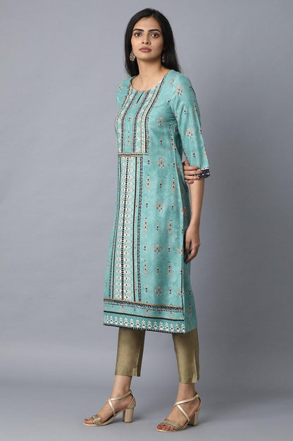 Light Green Placement Print kurta - wforwoman