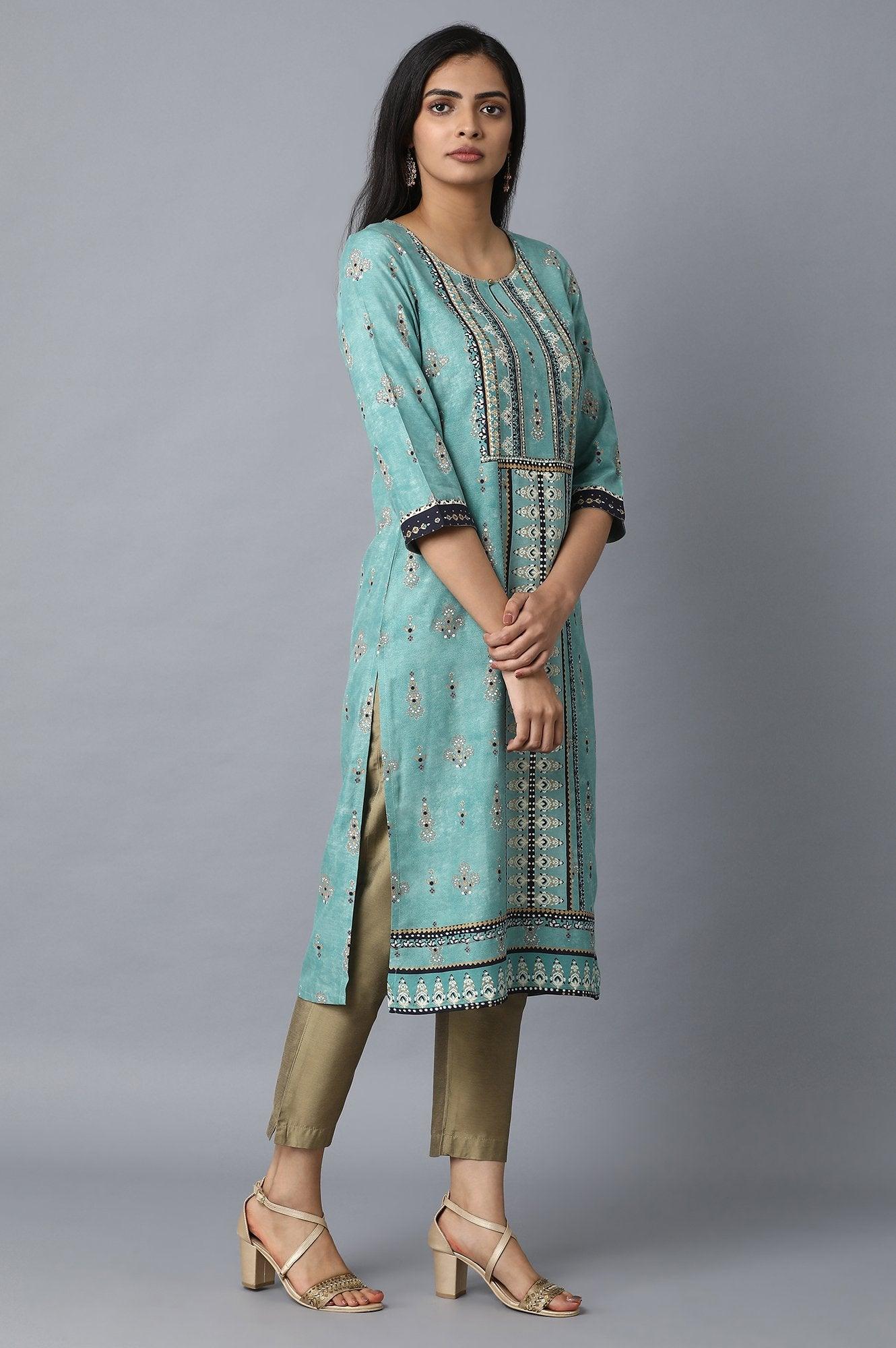 Light Green Placement Print kurta - wforwoman