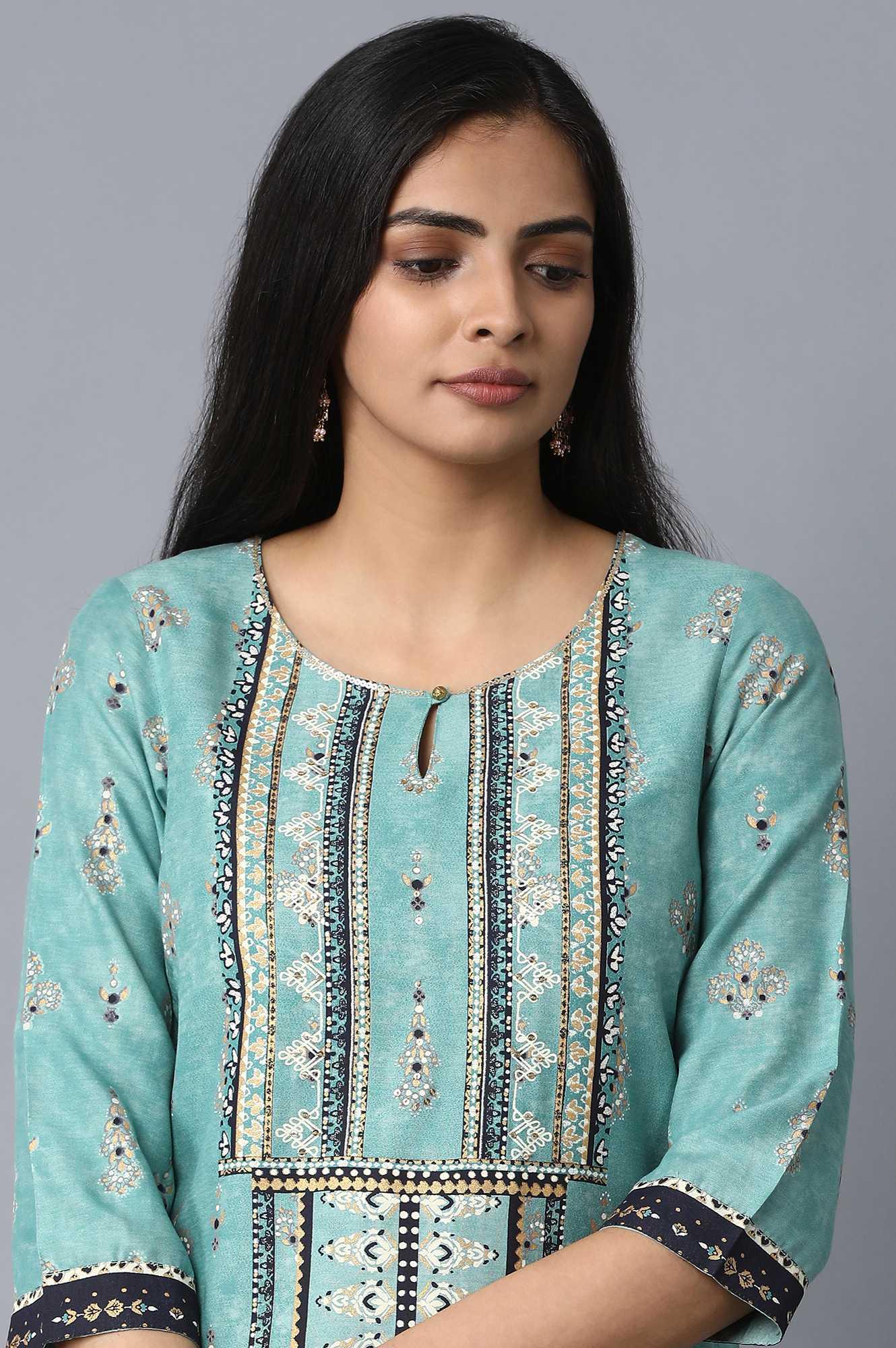 Light Green Placement Print kurta - wforwoman