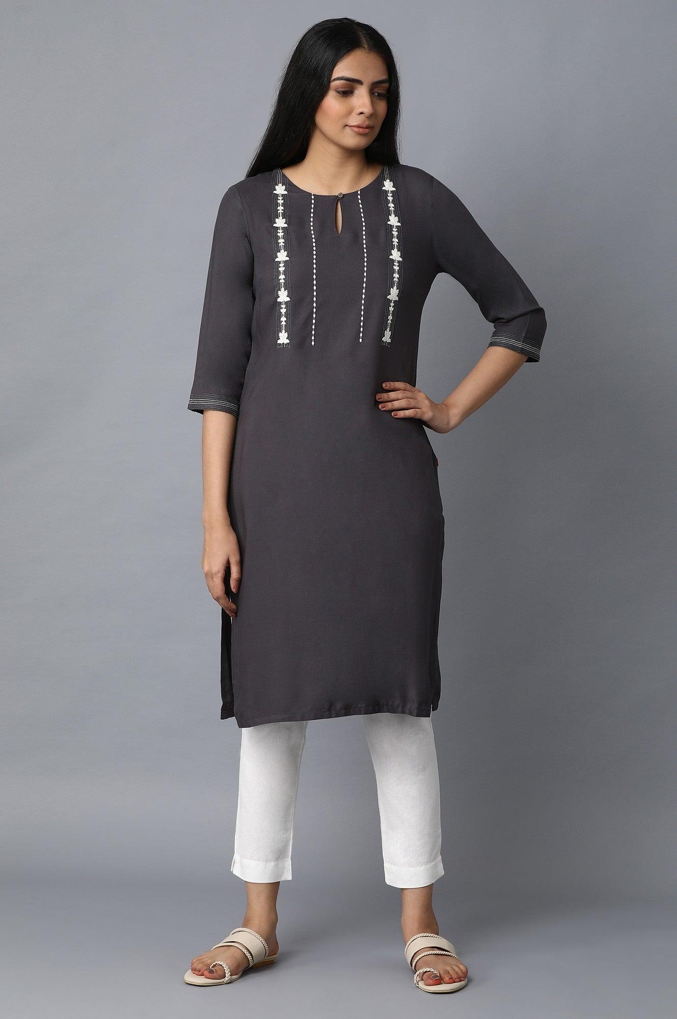 Dark Grey Solid kurta with Floral Embroidery - wforwoman