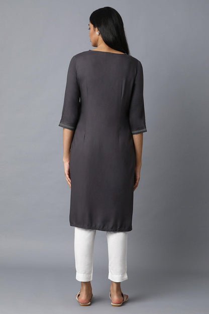 Dark Grey Solid kurta with Floral Embroidery - wforwoman