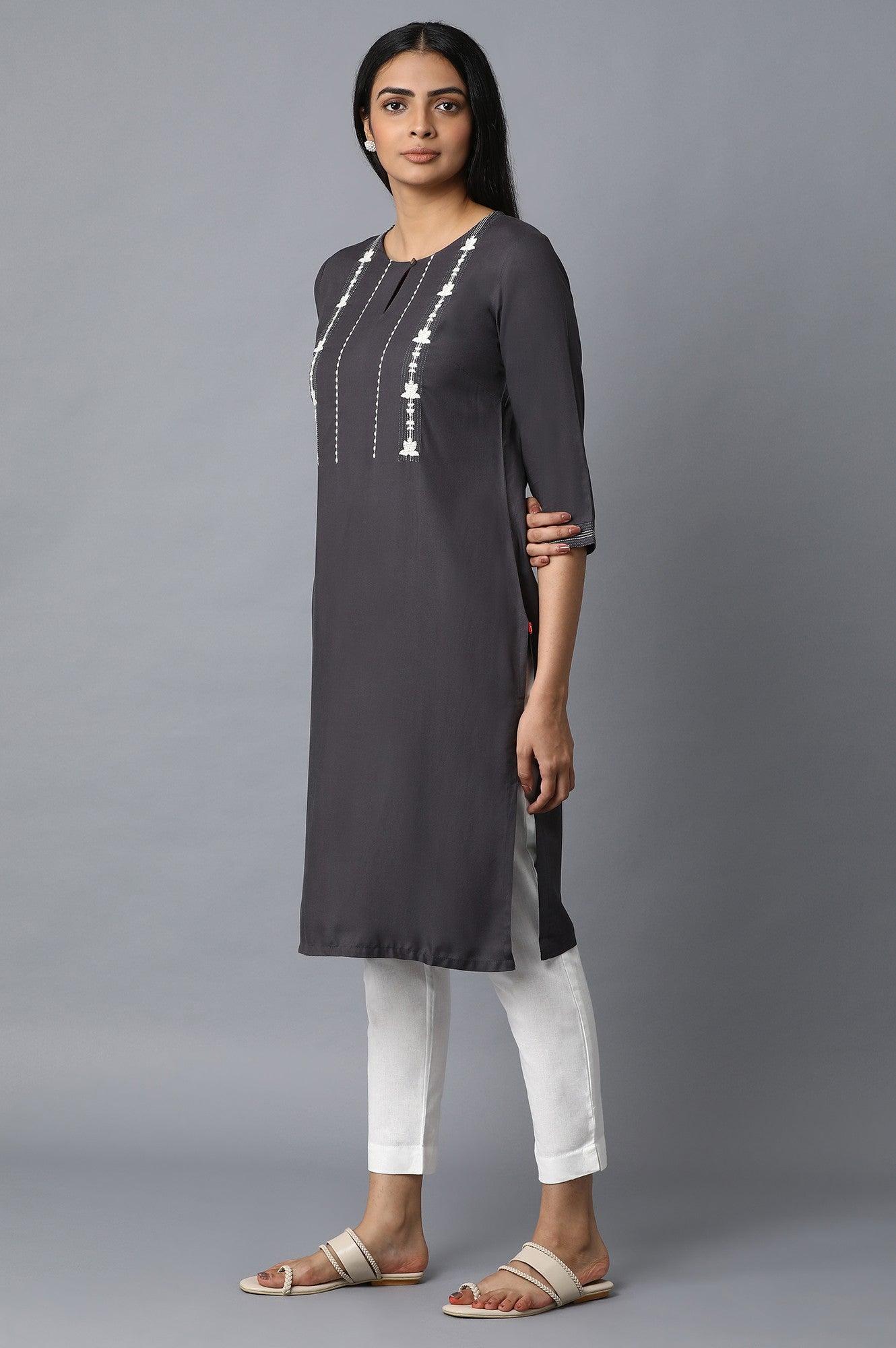 Dark Grey Solid kurta with Floral Embroidery - wforwoman