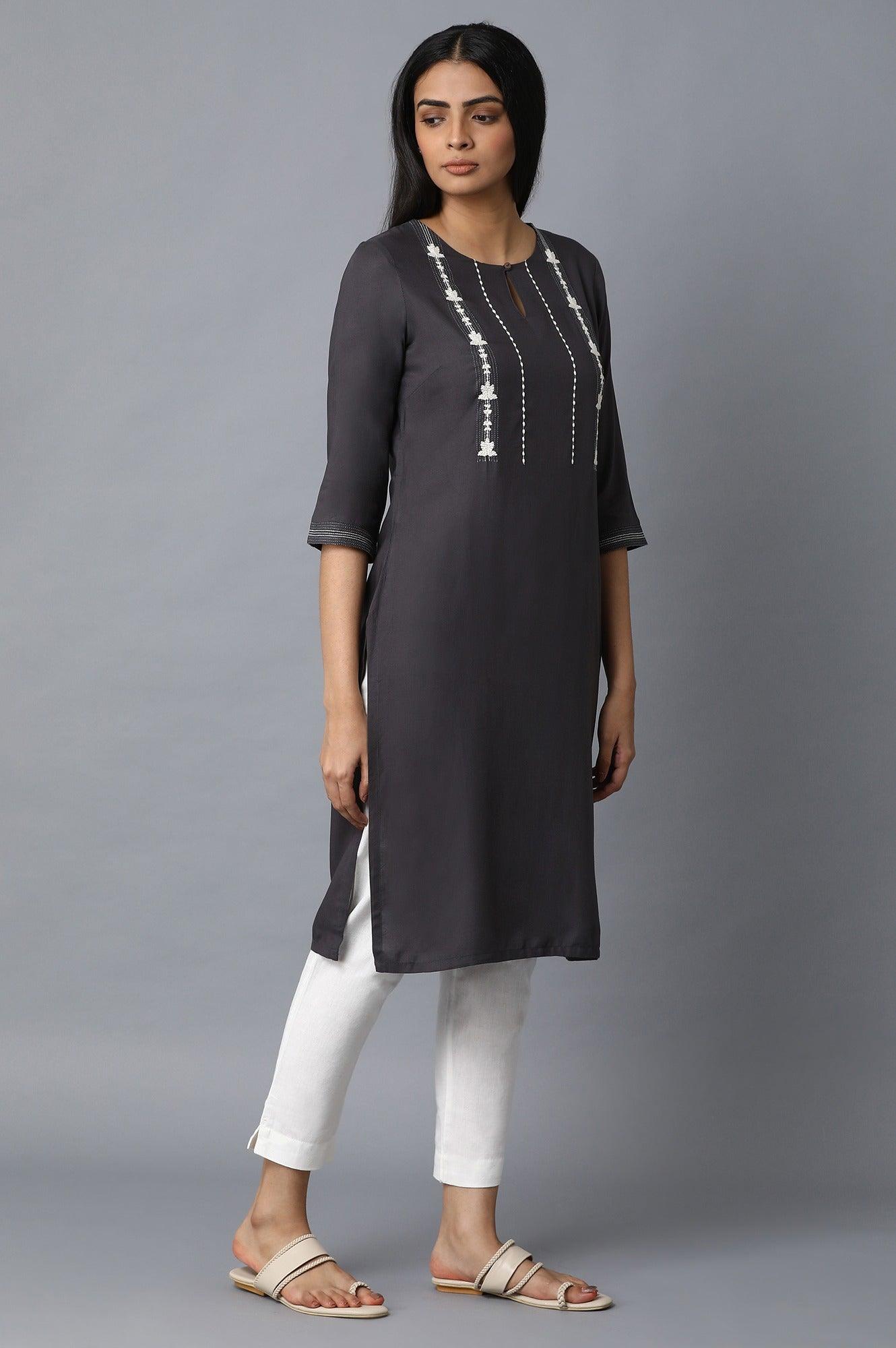 Dark Grey Solid kurta with Floral Embroidery - wforwoman