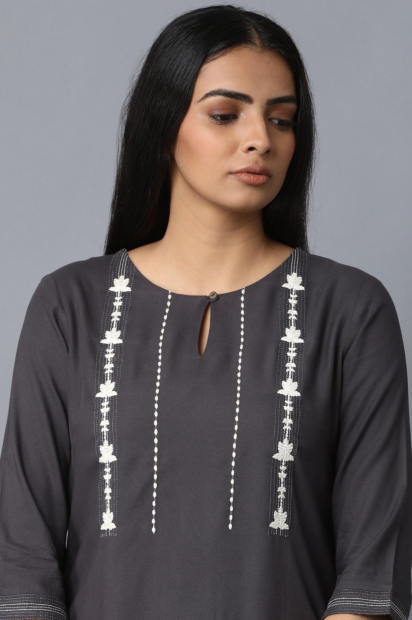 Dark Grey Solid kurta with Floral Embroidery - wforwoman