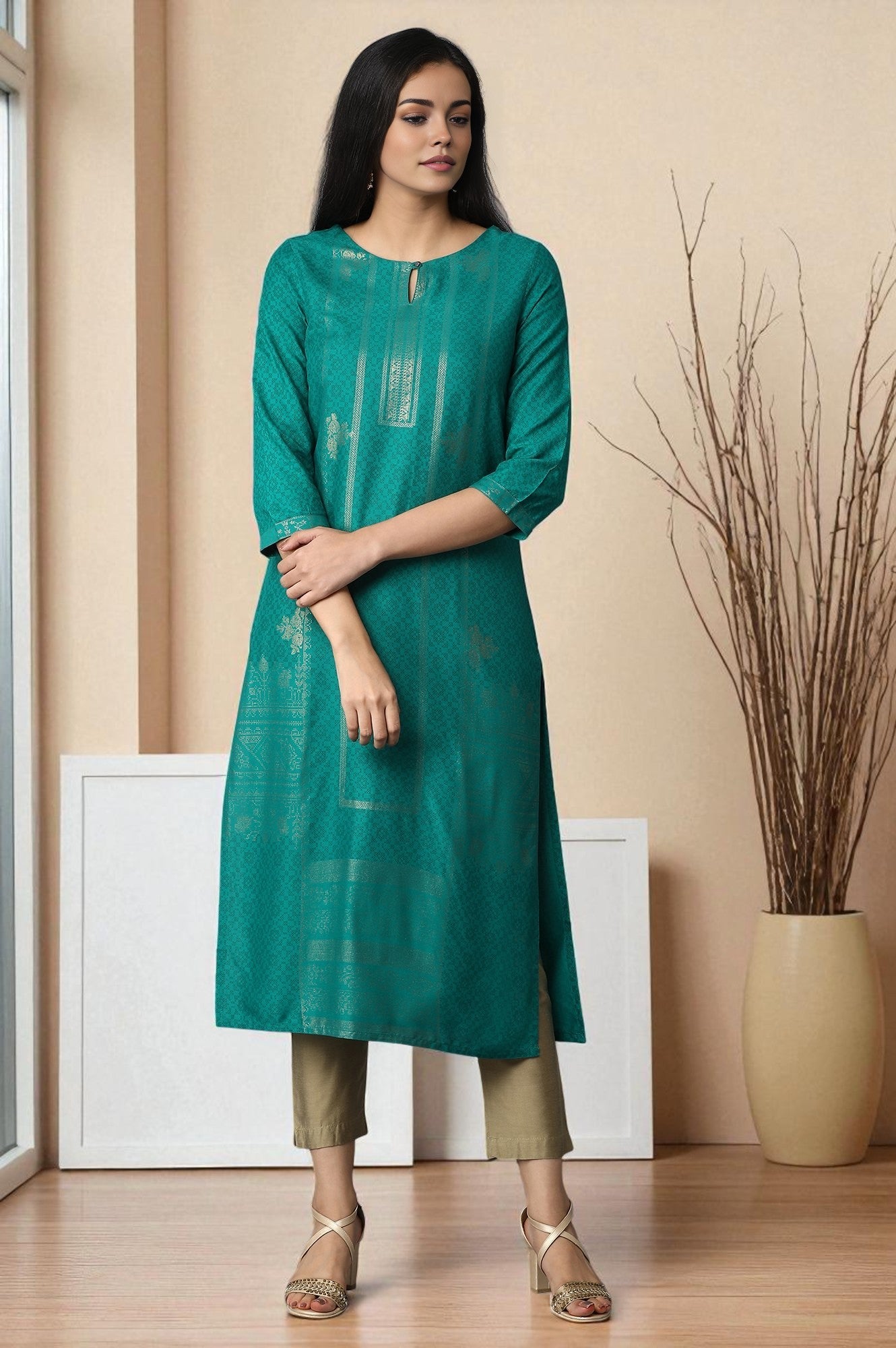Dark Teal Foil Placement Print kurta