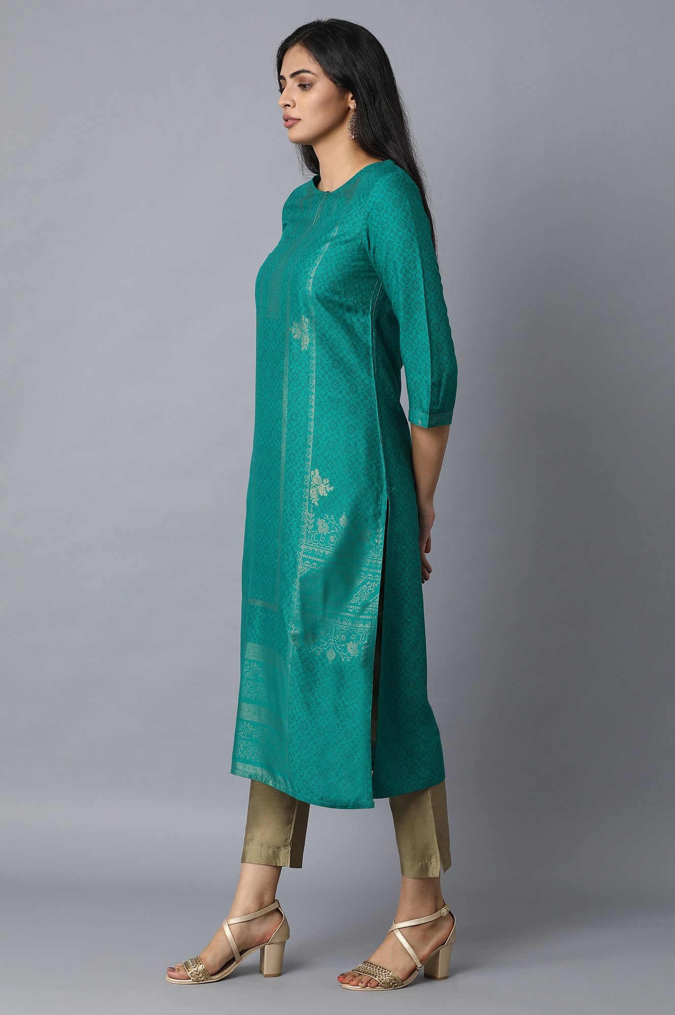 Dark Teal Foil Placement Print kurta