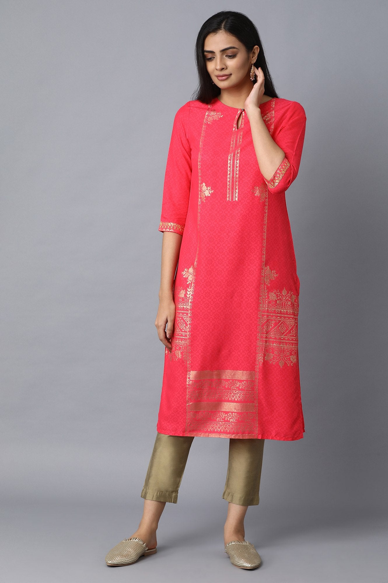 Dark Pink Foil Placement Print kurta