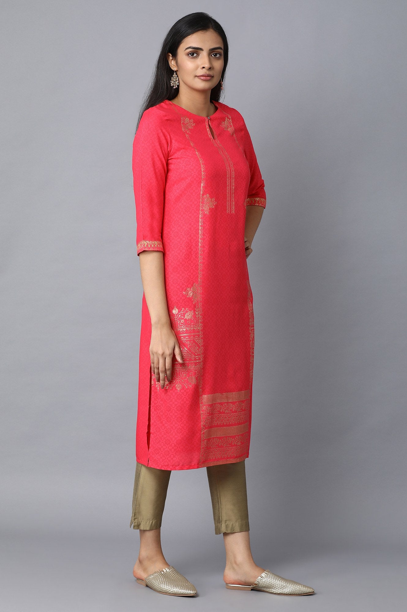 Dark Pink Foil Placement Print kurta