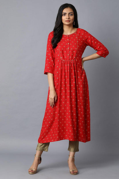 Red A-Line Gathered Printed kurta - wforwoman