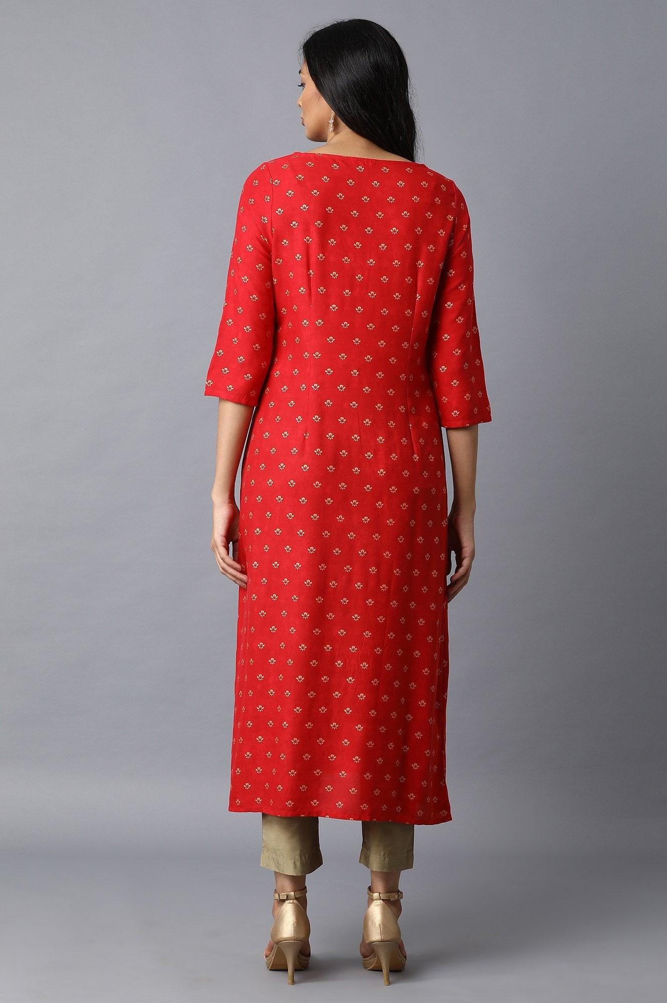 Red A-Line Gathered Printed kurta - wforwoman