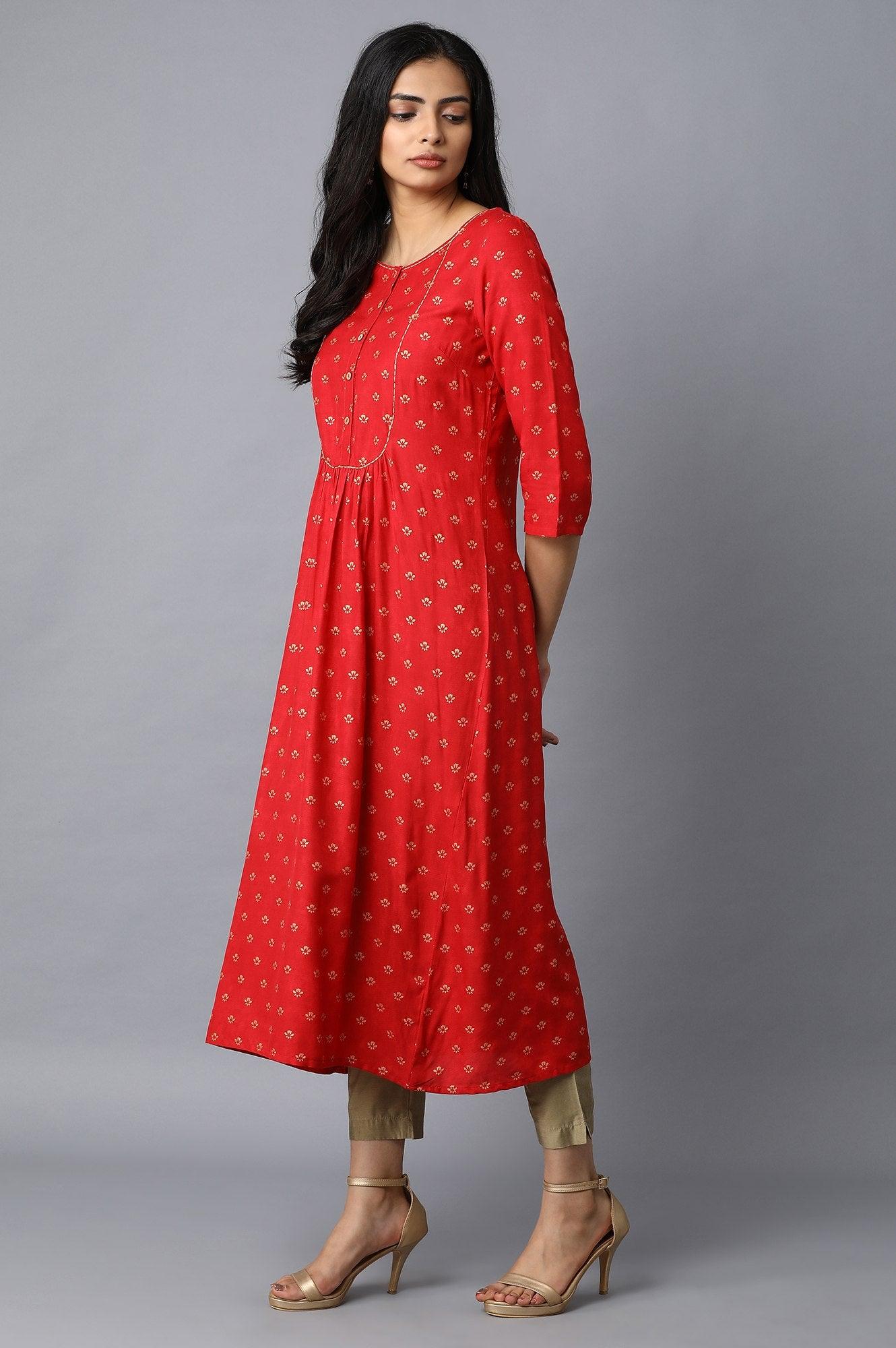 Red A-Line Gathered Printed kurta - wforwoman