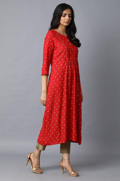 Red A-Line Gathered Printed kurta - wforwoman