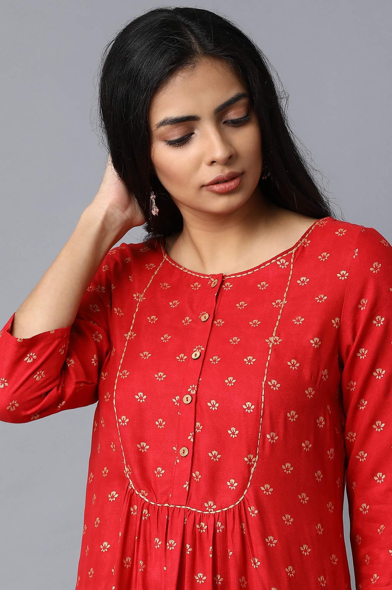 Red A-Line Gathered Printed kurta - wforwoman