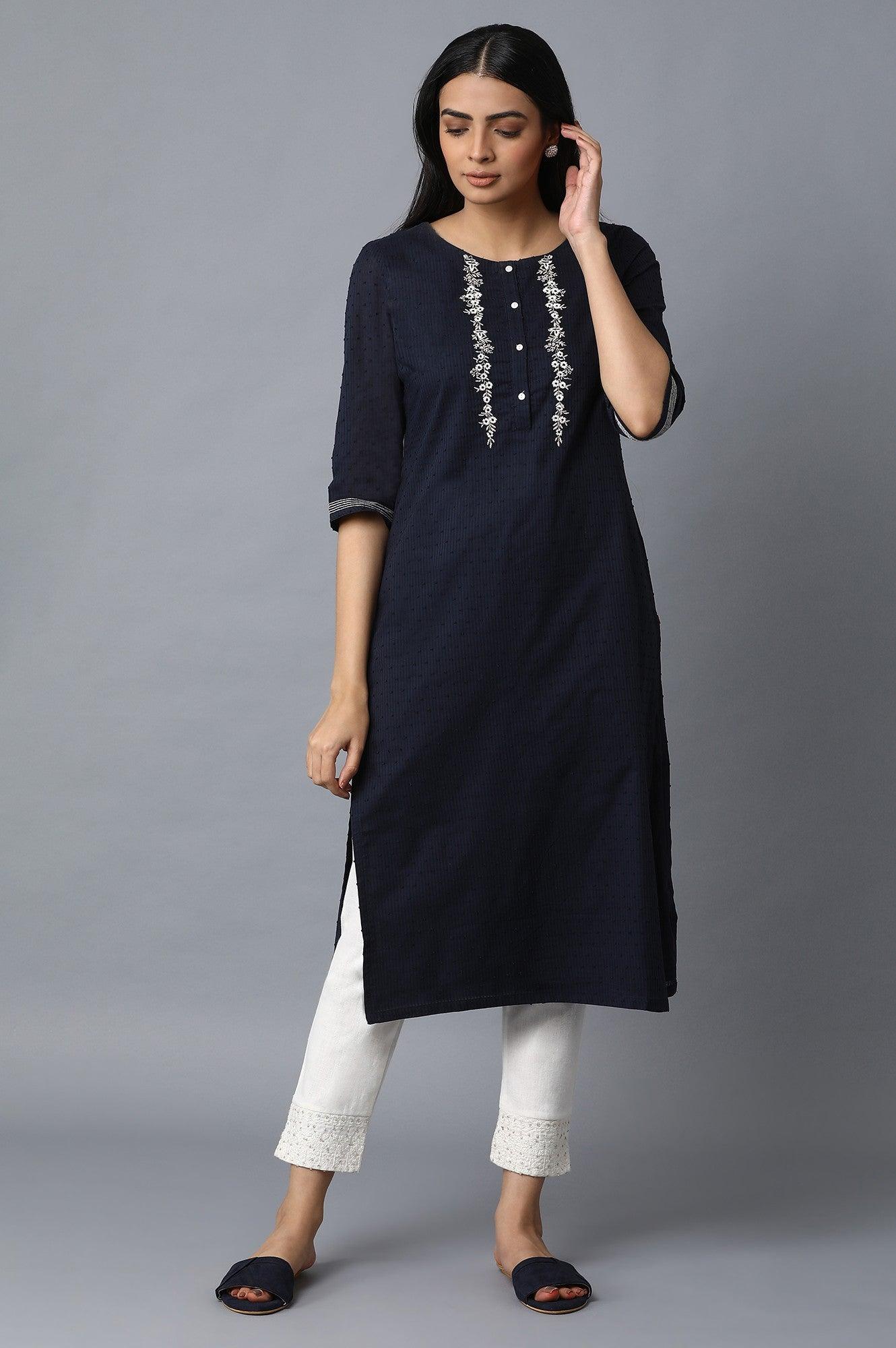 Dark Blue Swiss Dot kurta - wforwoman