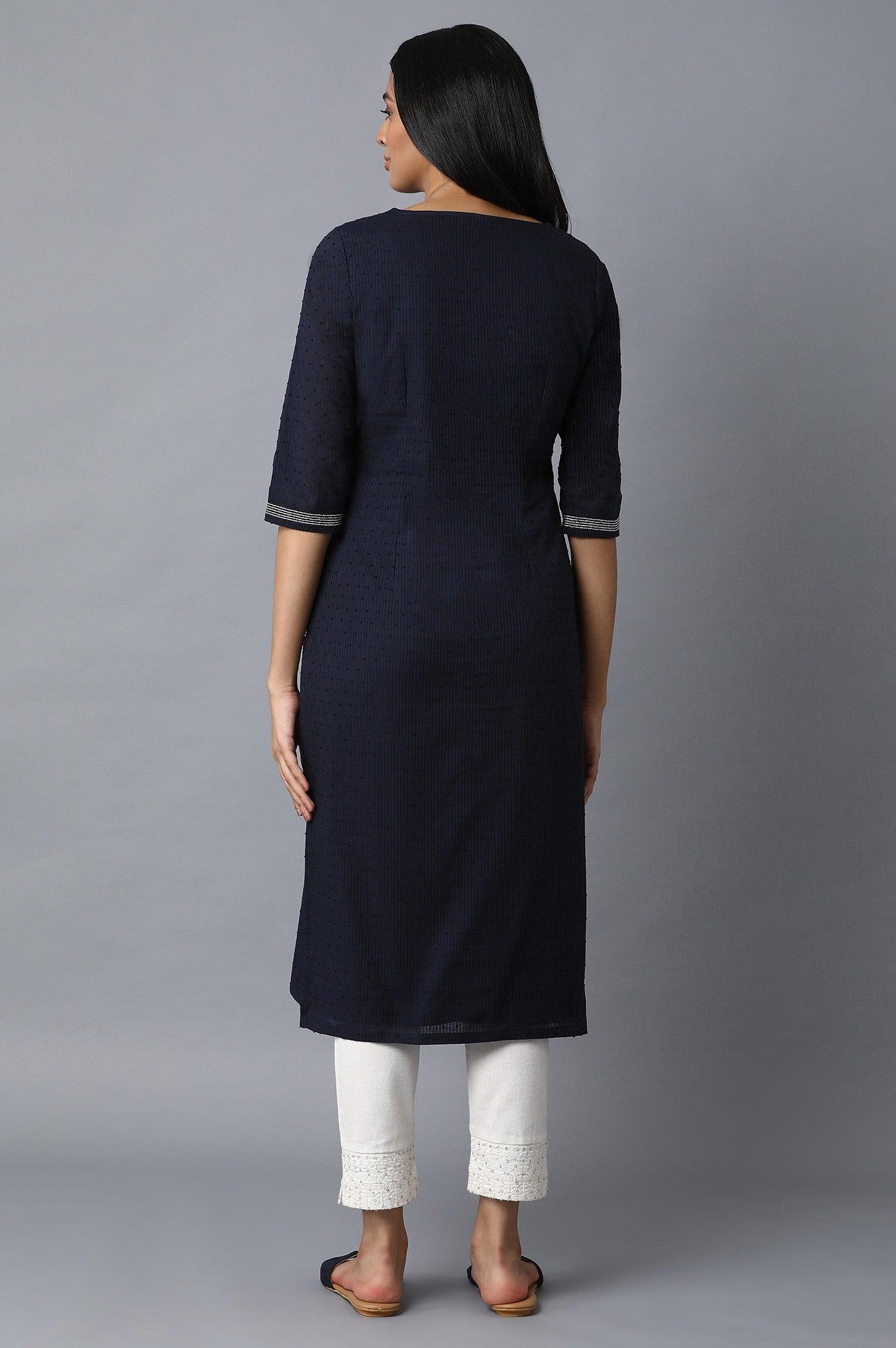 Dark Blue Swiss Dot kurta - wforwoman