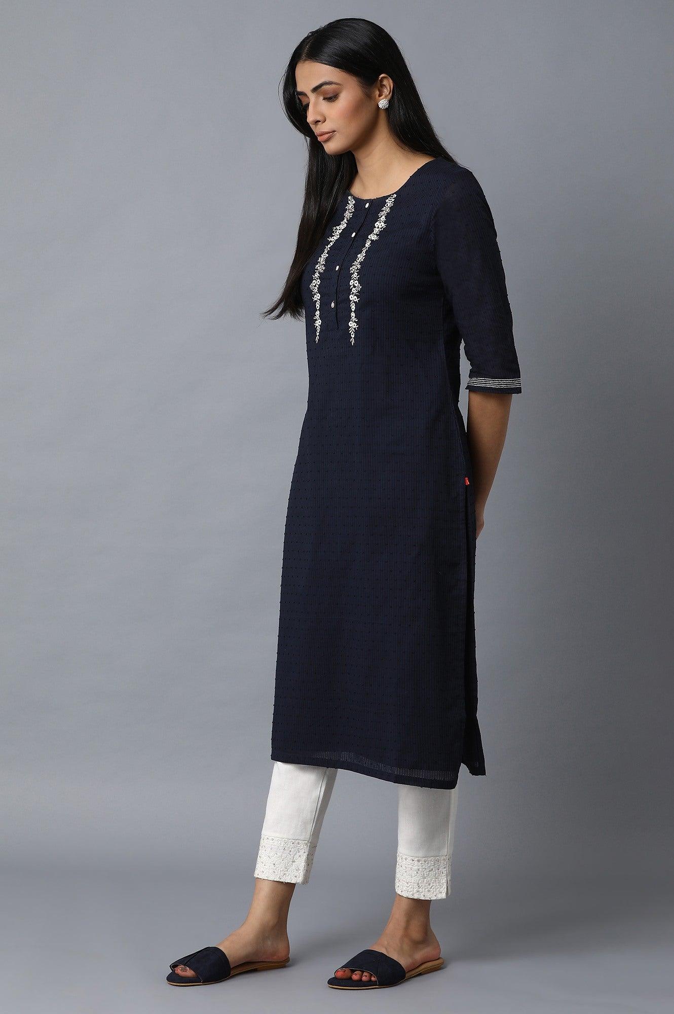 Dark Blue Swiss Dot kurta - wforwoman