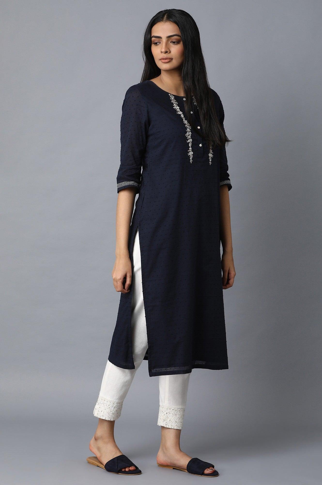 Dark Blue Swiss Dot kurta - wforwoman