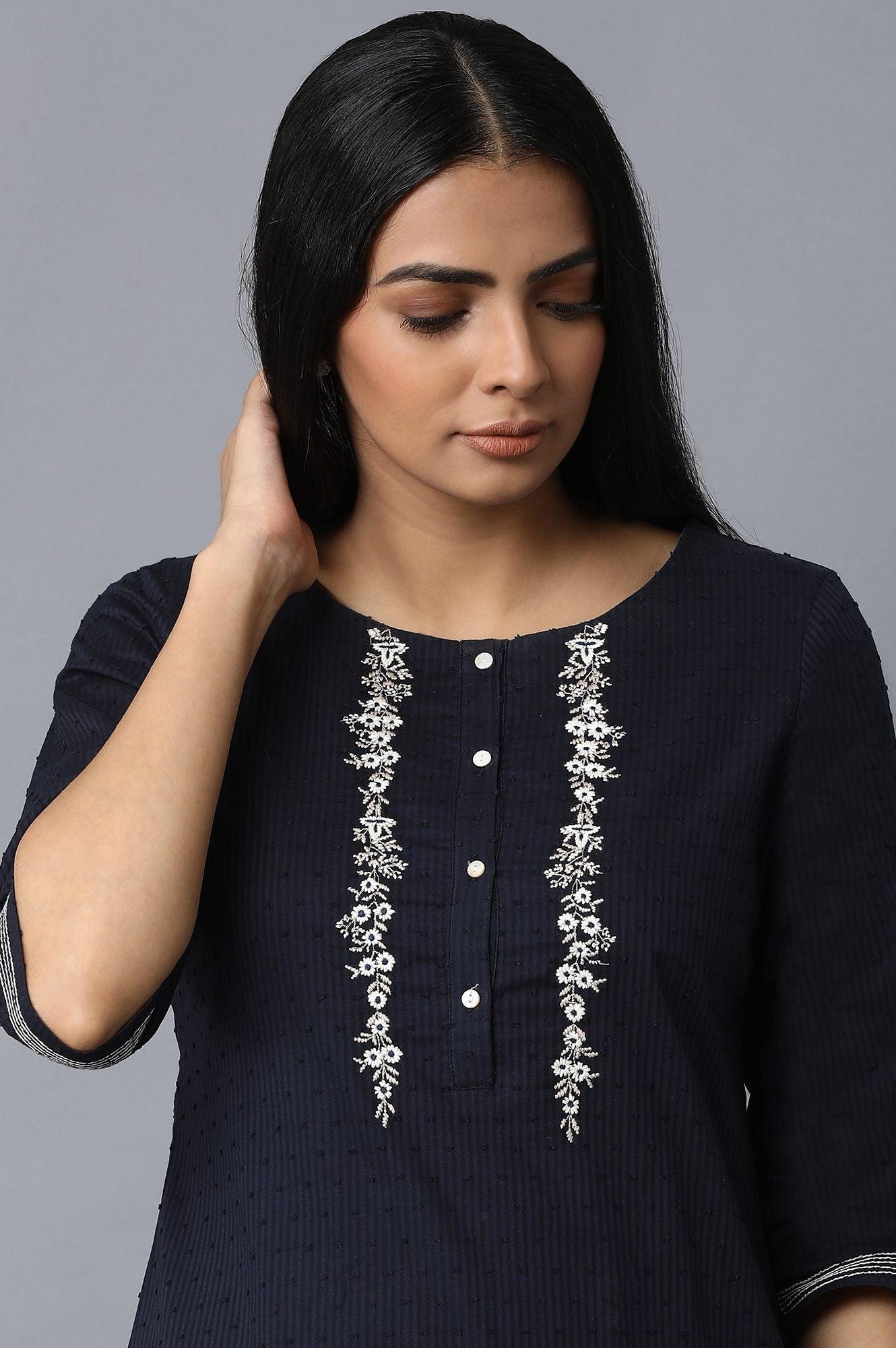 Dark Blue Swiss Dot kurta - wforwoman