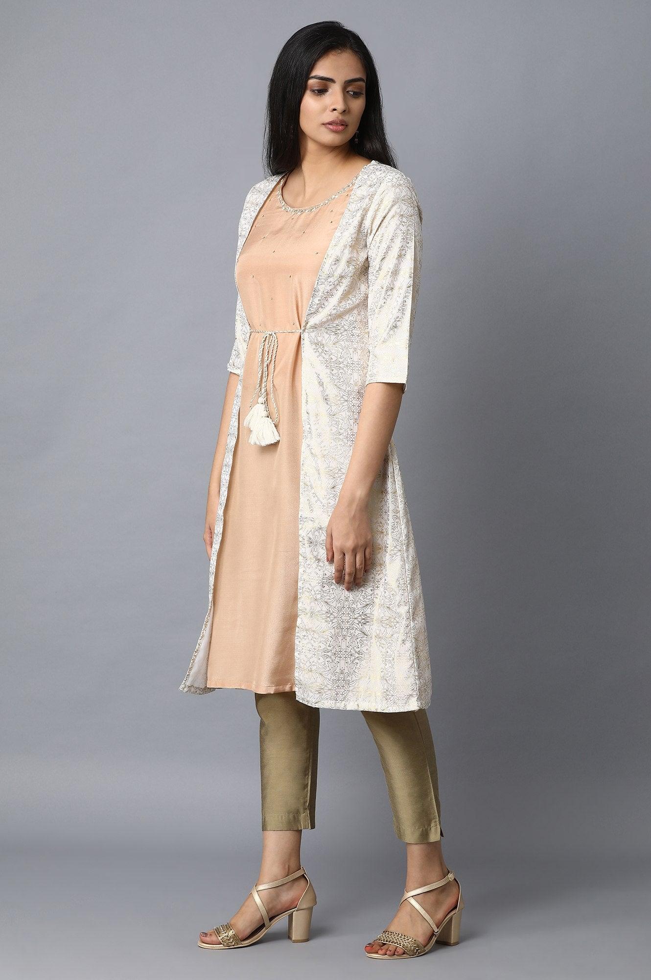 Light Pink kurta with Mock Layered Jacket - wforwoman