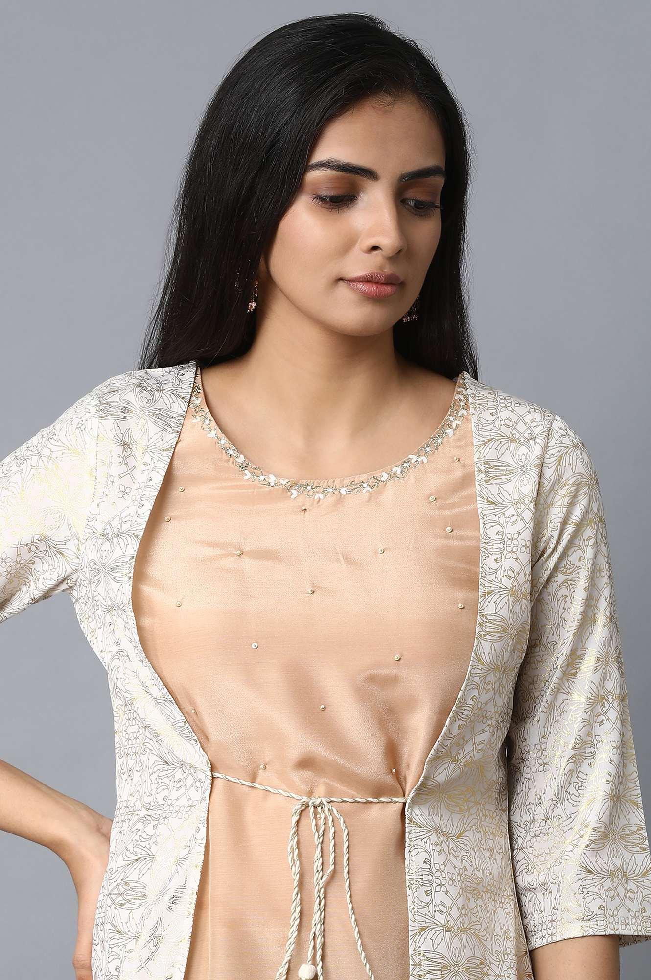 Light Pink kurta with Mock Layered Jacket - wforwoman