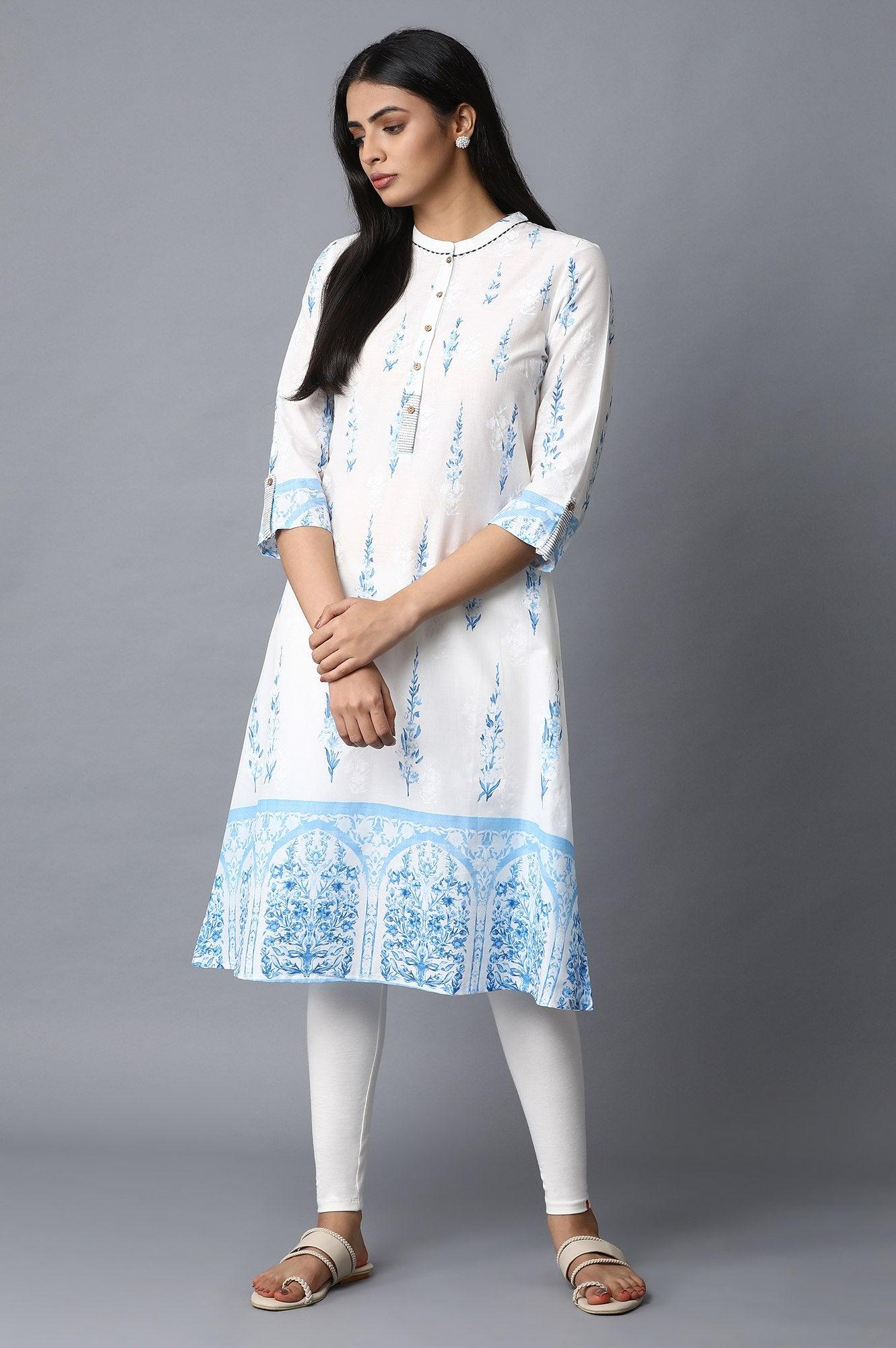 Ecru A-Line Panelled Printed kurta - wforwoman