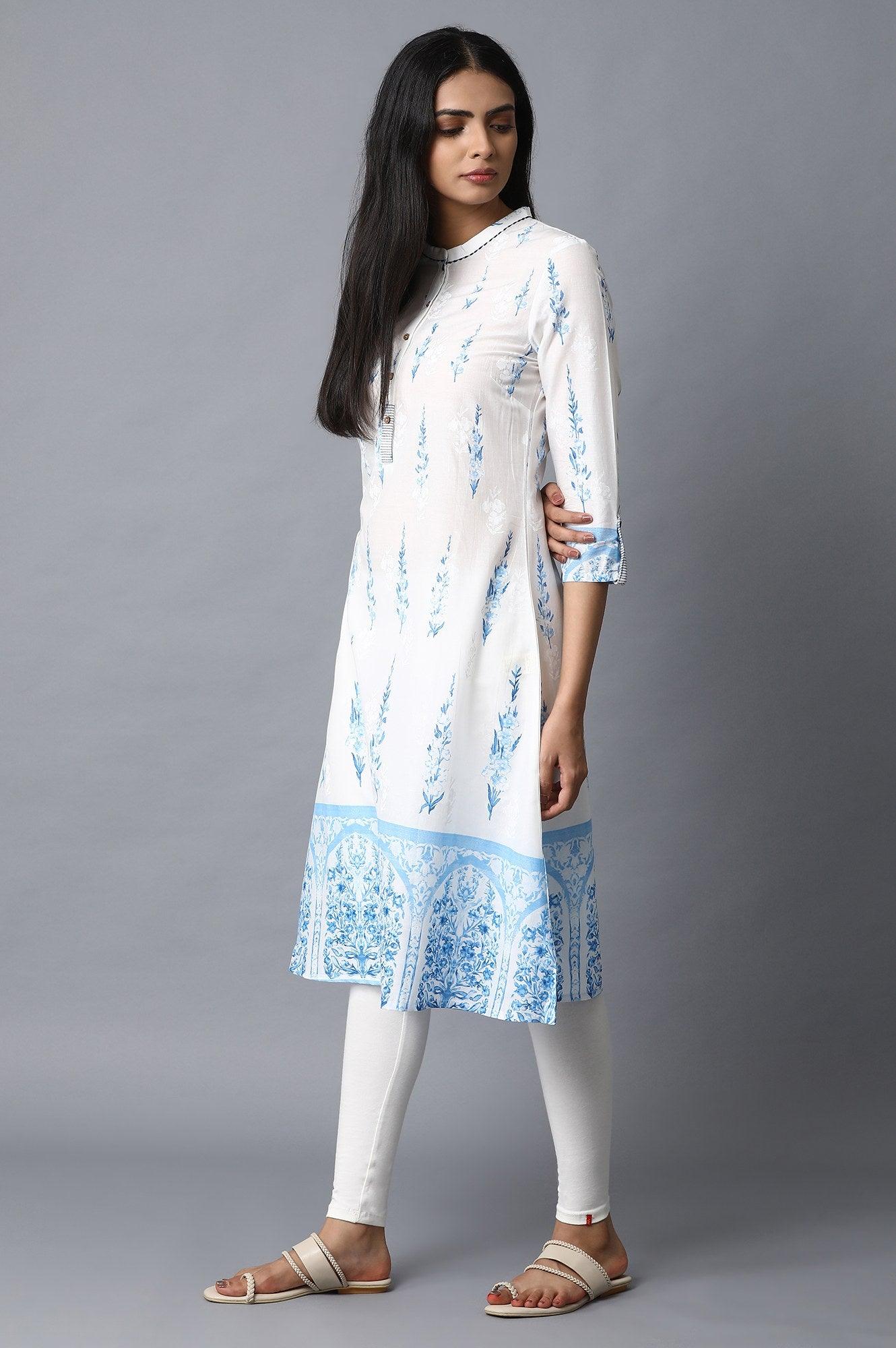 Ecru A-Line Panelled Printed kurta - wforwoman