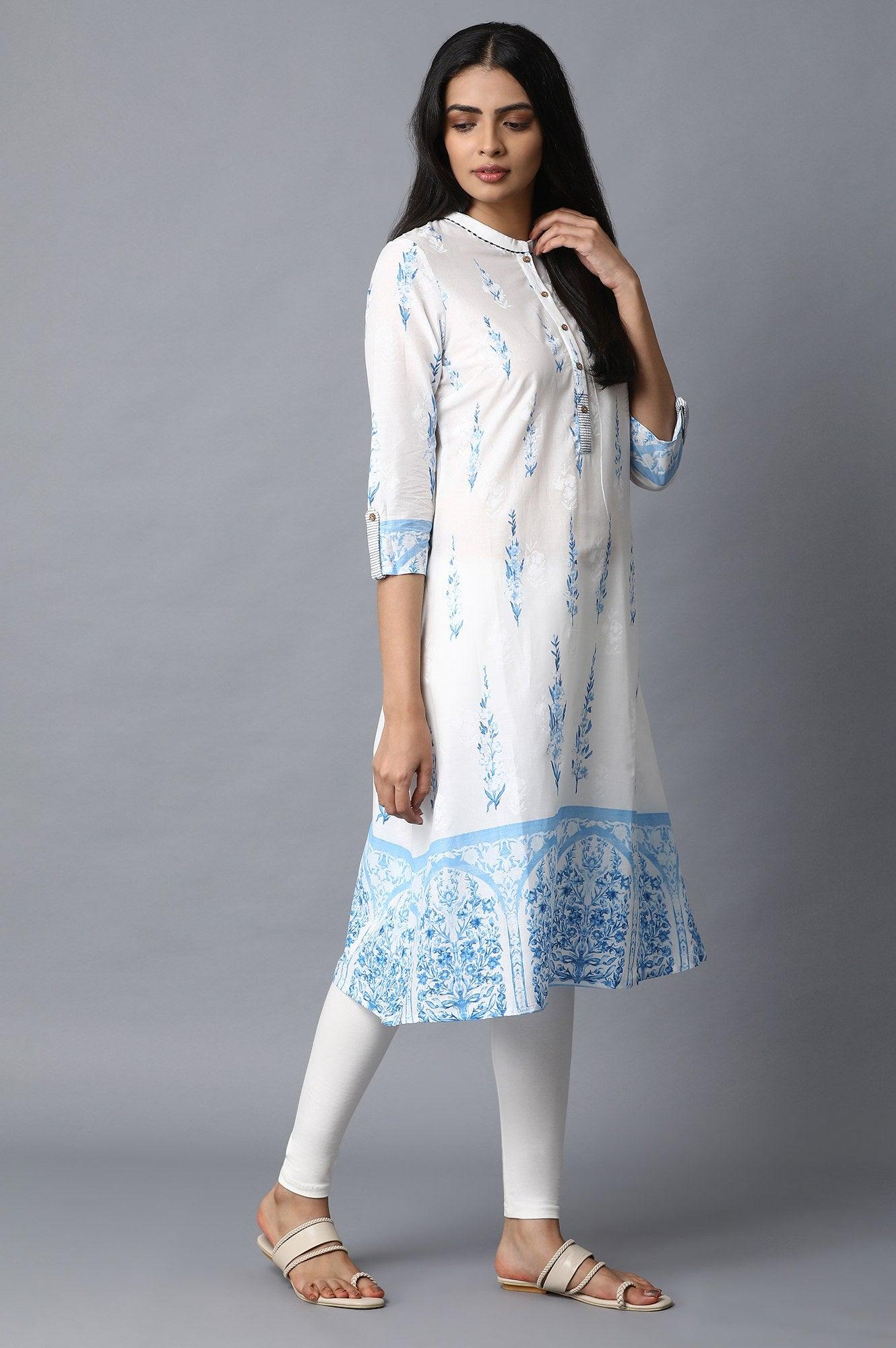 Ecru A-Line Panelled Printed kurta - wforwoman