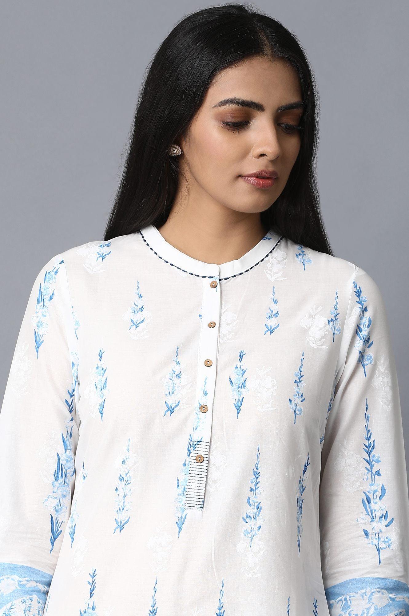 Ecru A-Line Panelled Printed kurta - wforwoman