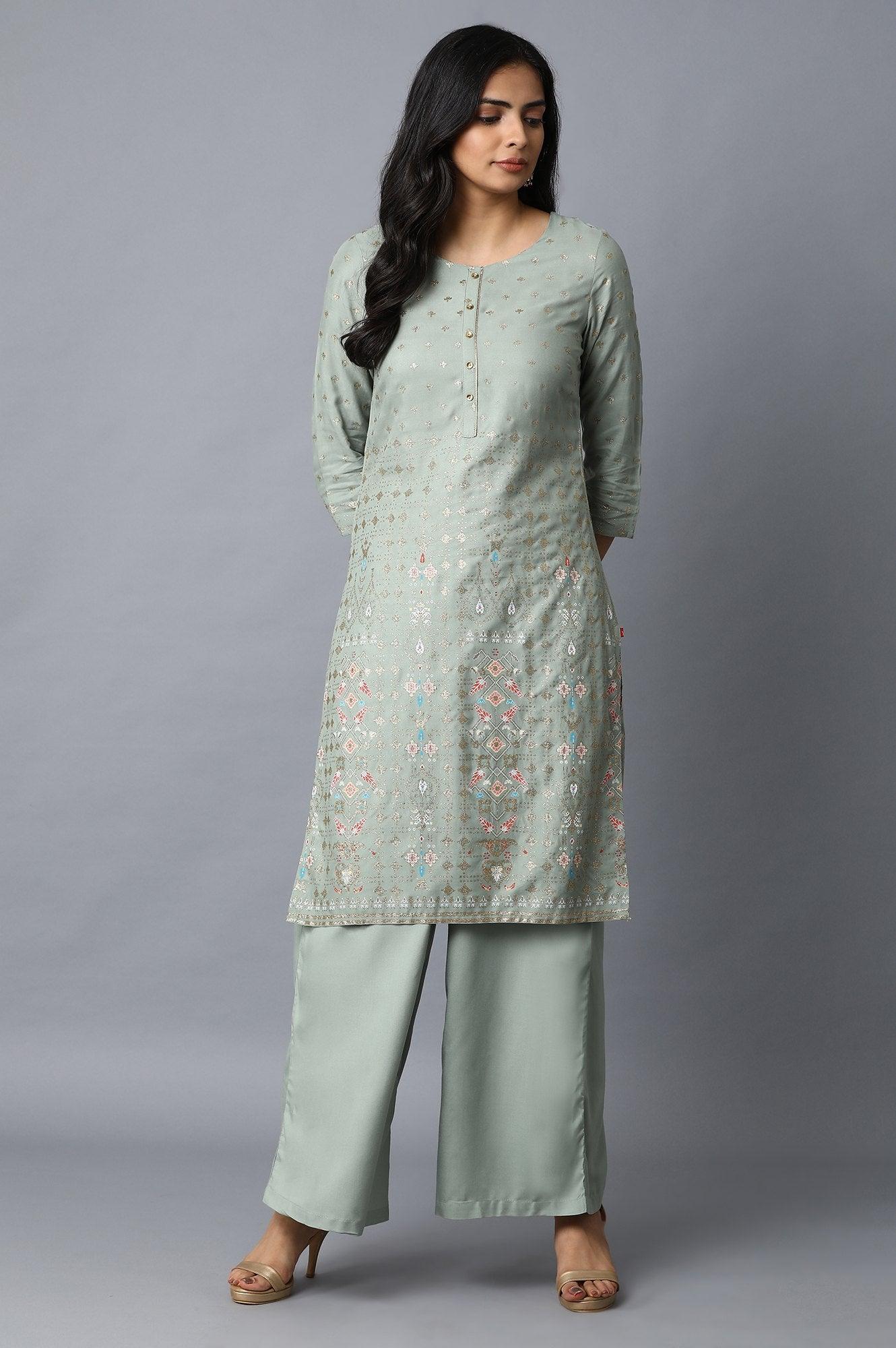 Blue Glitter Printed kurta With Solid Pants - wforwoman