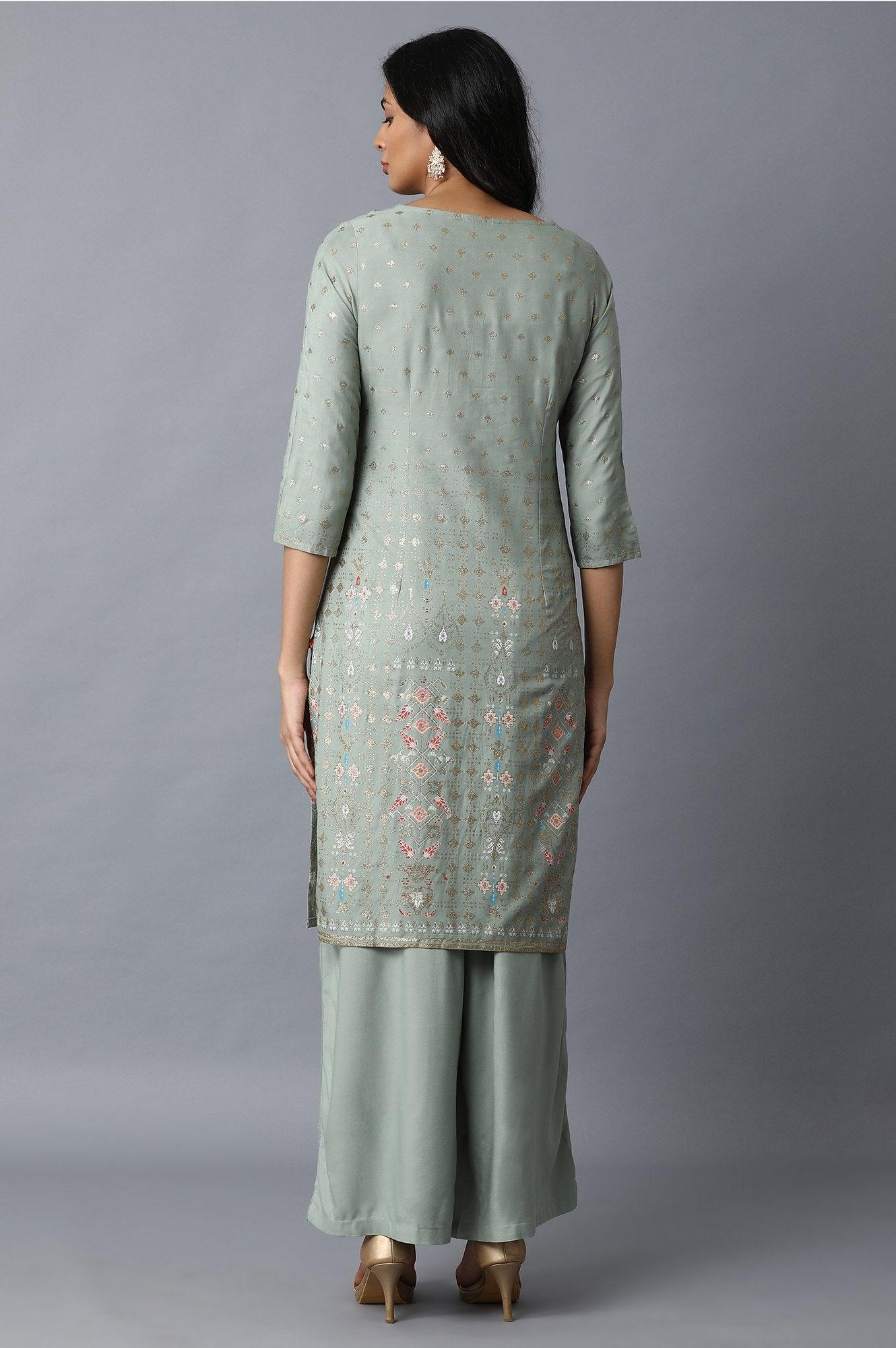 Blue Glitter Printed kurta With Solid Pants - wforwoman