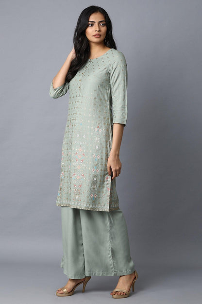 Blue Glitter Printed kurta With Solid Pants - wforwoman