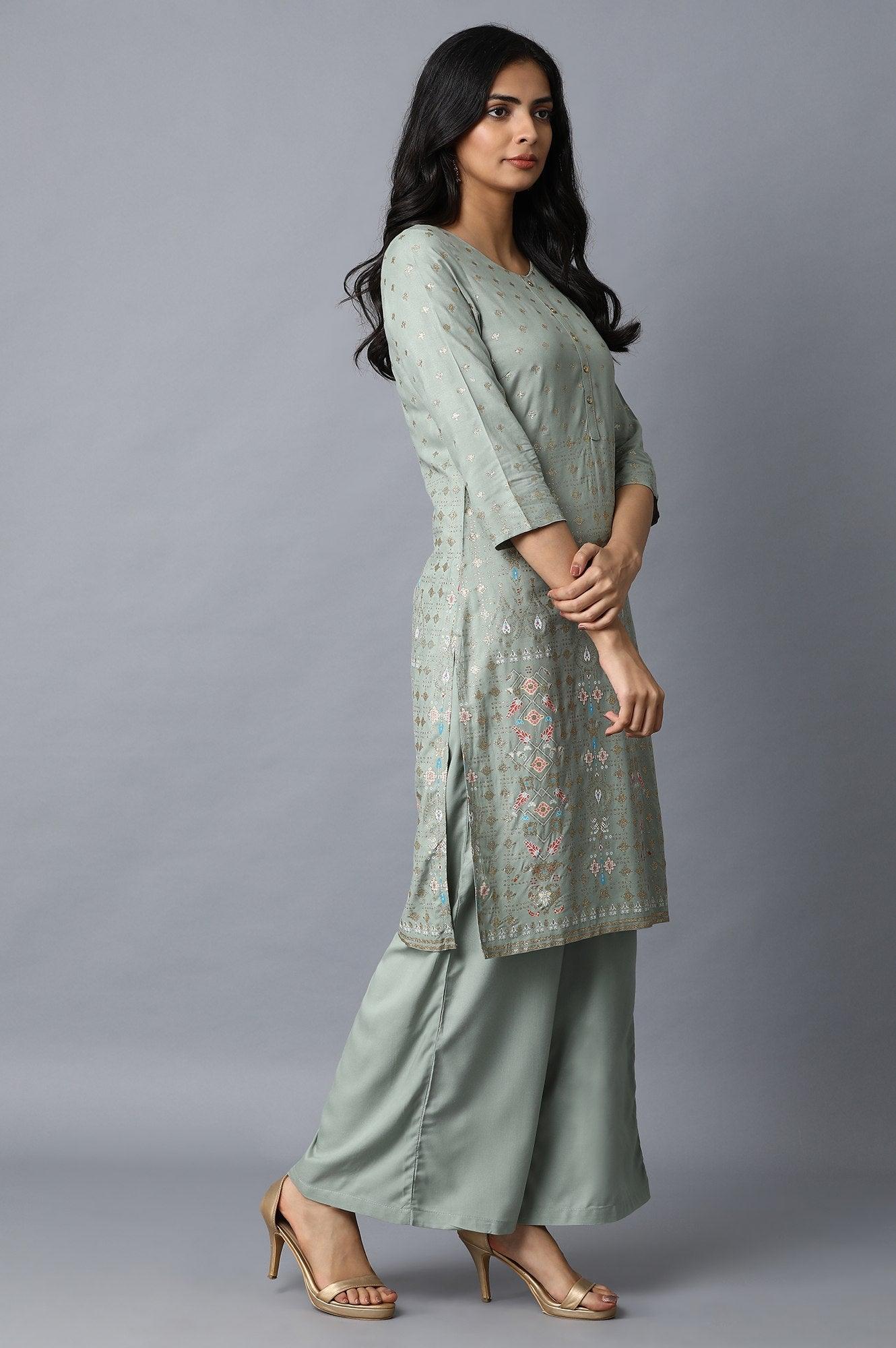 Blue Glitter Printed kurta With Solid Pants - wforwoman