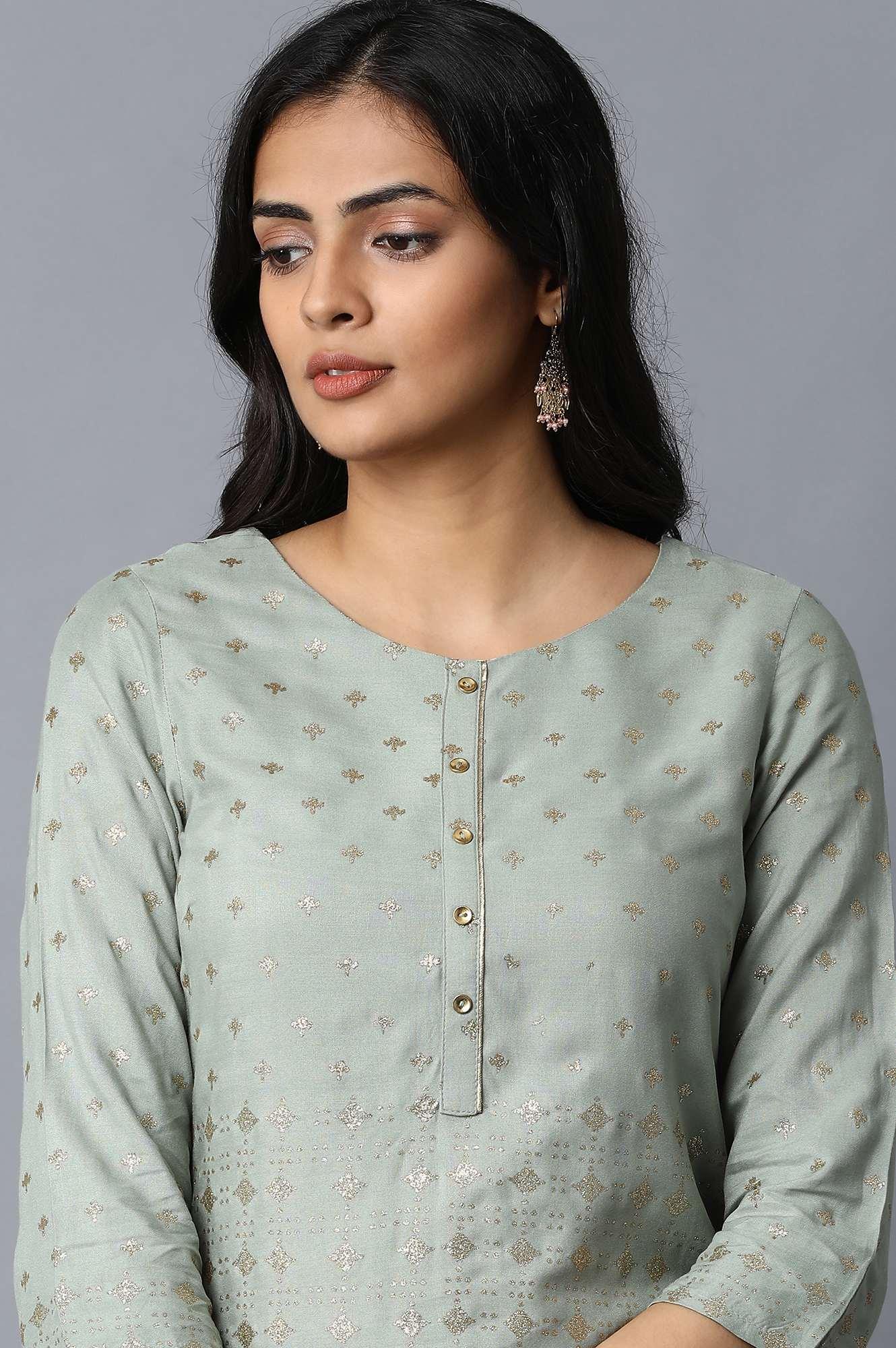 Blue Glitter Printed kurta With Solid Pants - wforwoman